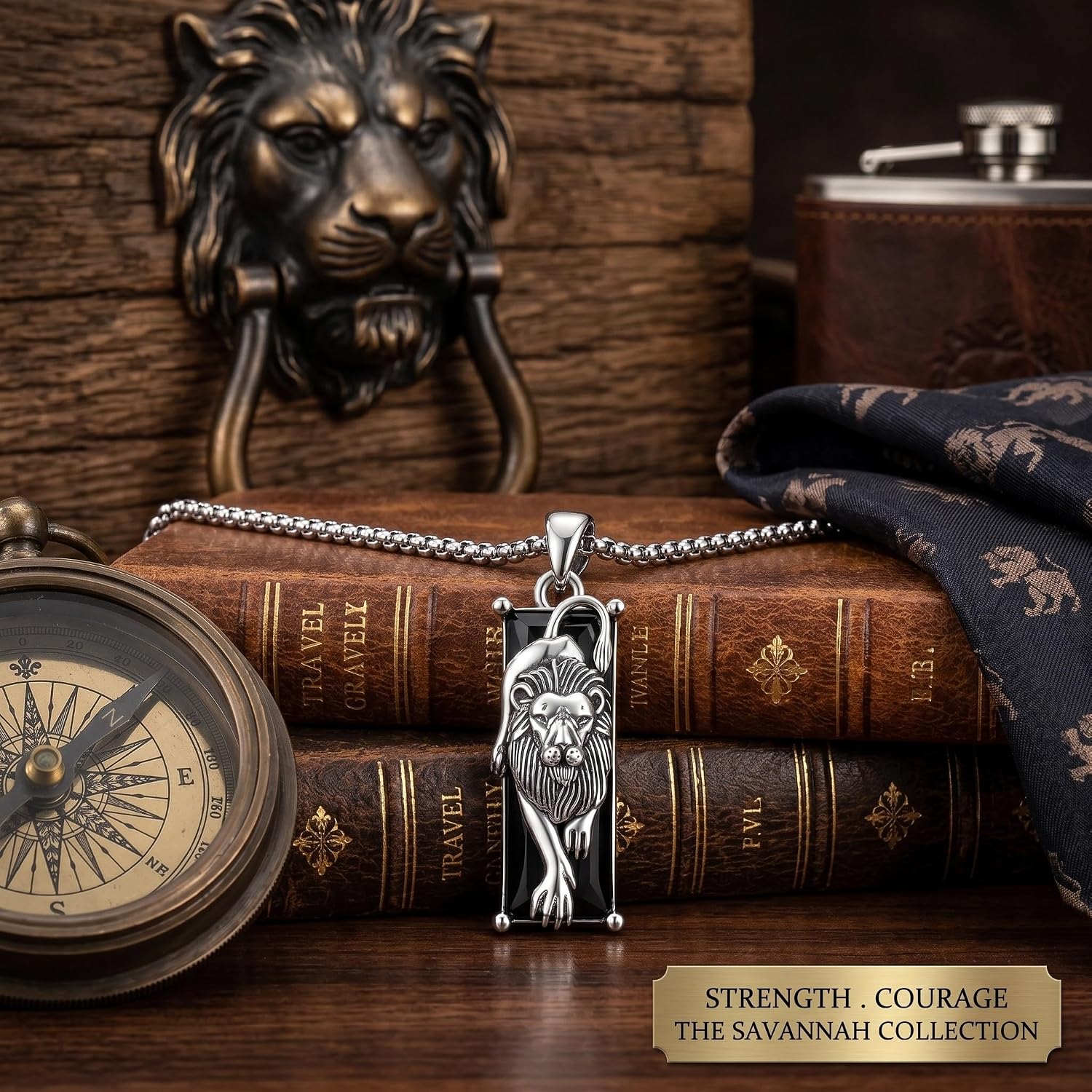 Lion Necklace for Men Women Black Crytal Sterling Silver Animal Pendant Lion Gifts