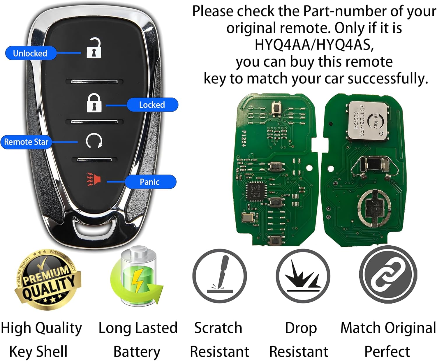 Smart Key for Chevrolet, Alliskeys Proximity Key Fob Replacement for Chevy Equinox Trax Sonic Bolt 2016-2021 HYQ4AA/HYQ4AS