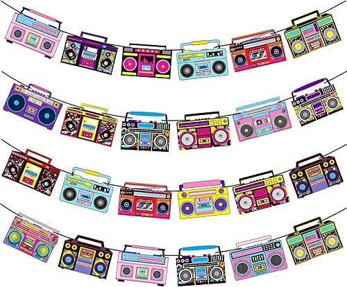 Banderines de radio Boom Box, 4 unidades, decoraciones retro de fiesta de radio, pancartas recortadas de los años 80, suministros de fiesta de