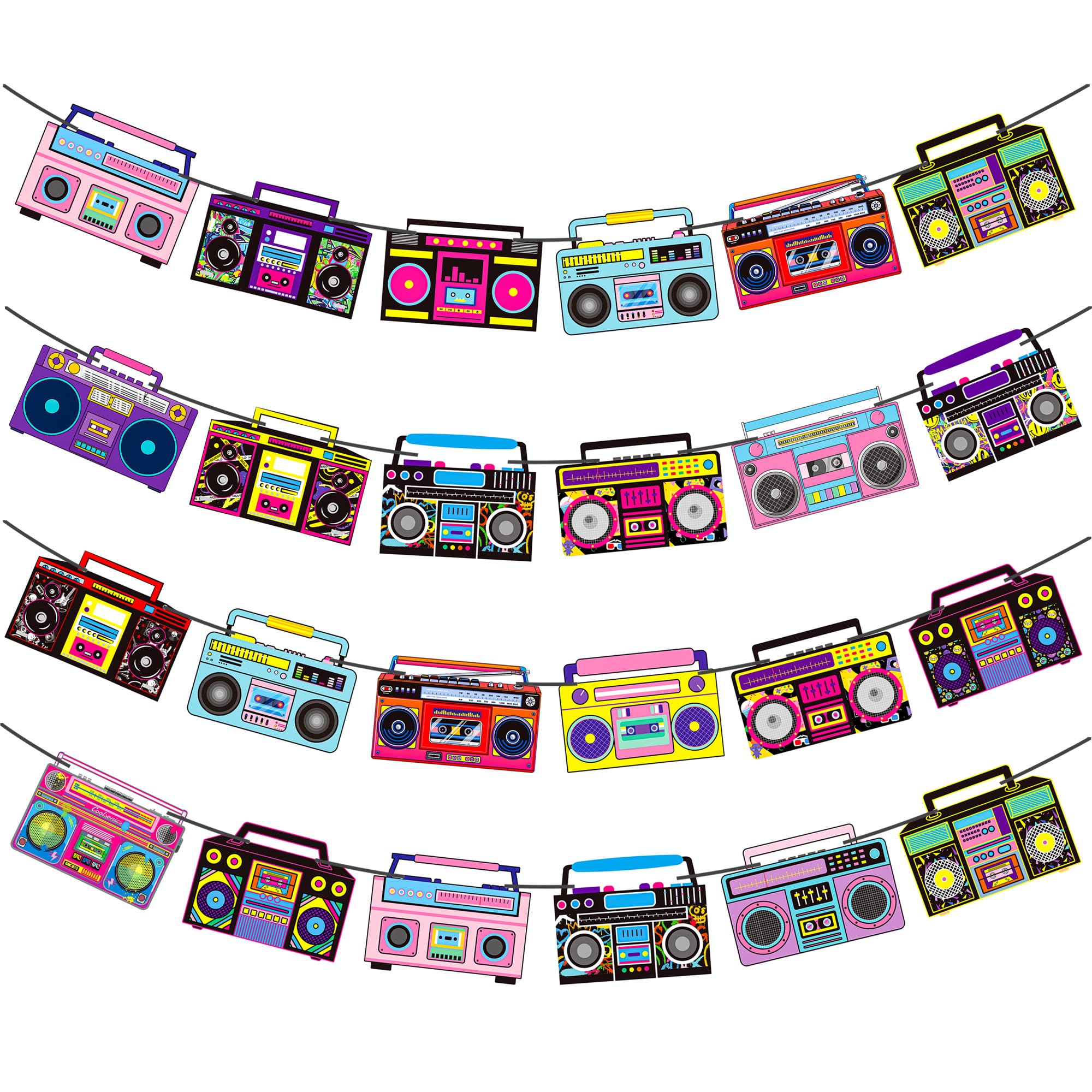 Radio Boom Box Banners 4PCS Retro Radio Party Decorations Boombox Cutout Banners 80's Throwback Theme Birthday Party Supplies for 1980s Hip Hop Music