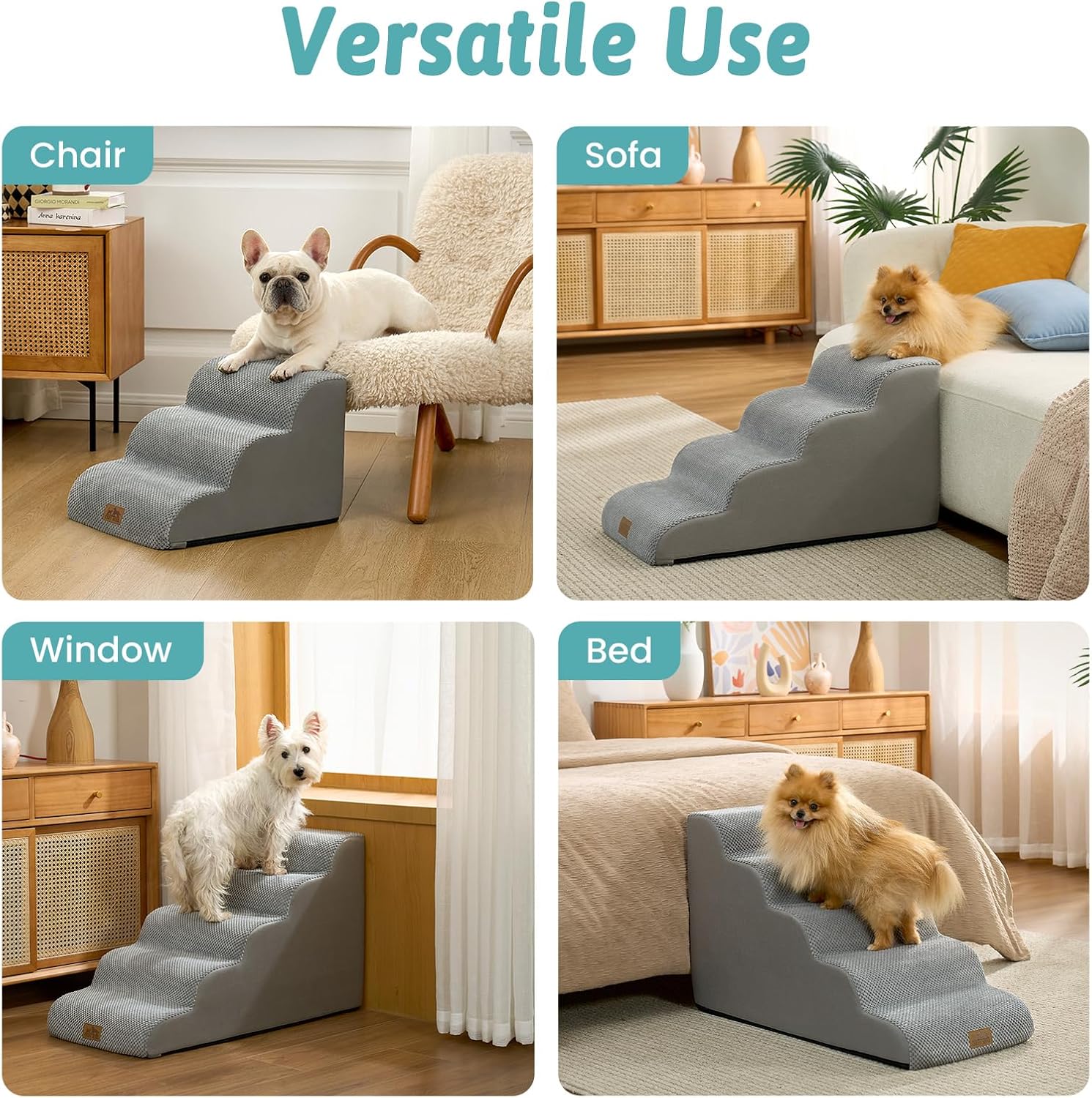 Dog Stairs for Small Dogs 13" H, 3-Step Slope Curved Dog Steps for Couch, Chair or Bed, Sturdy Pet Stairs for Puppy, Older Cat, Cat Ladder with High Density Foam, 15.7x20x13 inch, Gray