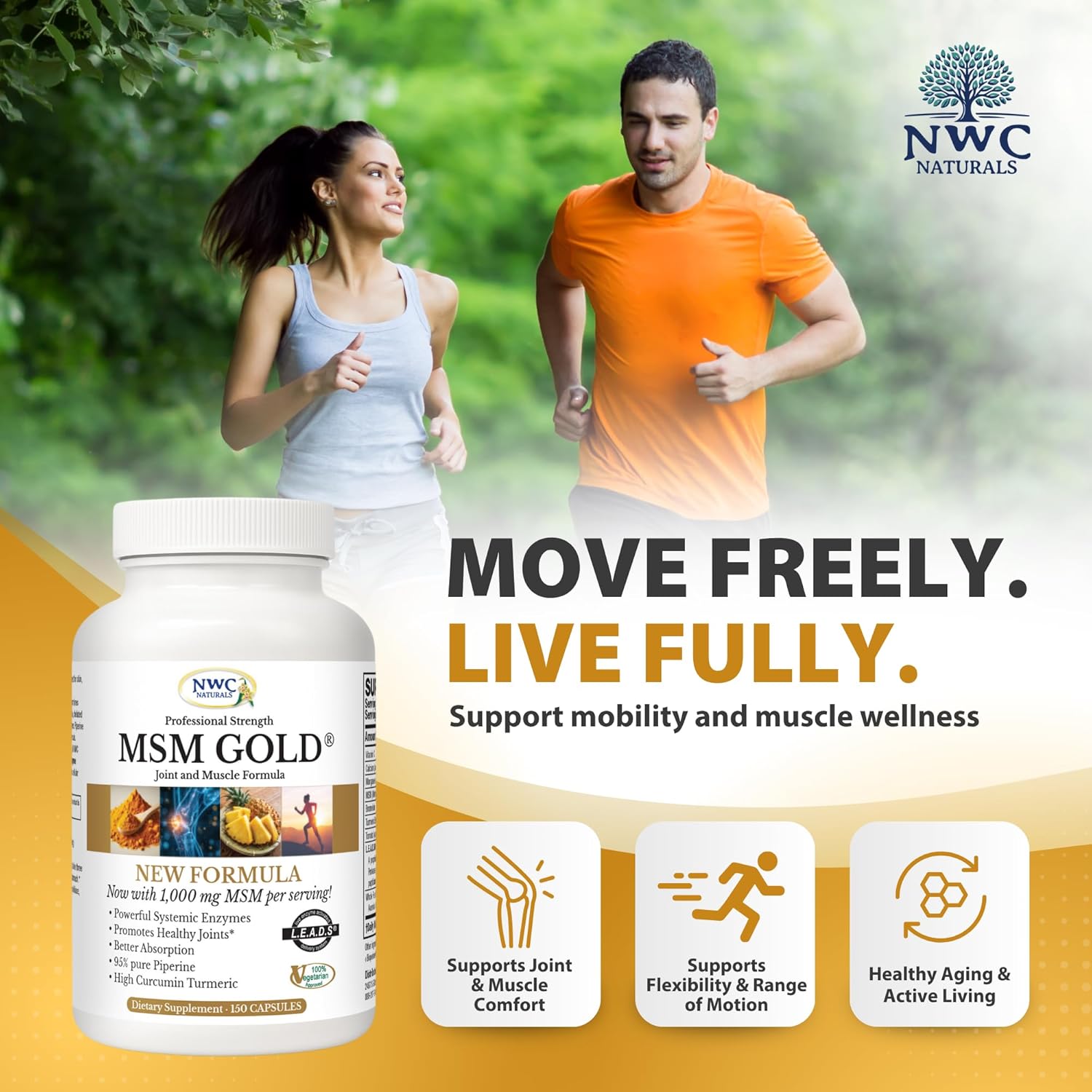 NWC Naturals MSM Gold – Systemic Enzyme Supplement with Turmeric, Tomato Lycopene & BioPerine for Nutrient Absorption – Joint & Muscle Support – 150 Antioxidant-Rich Vegetarian Capsules