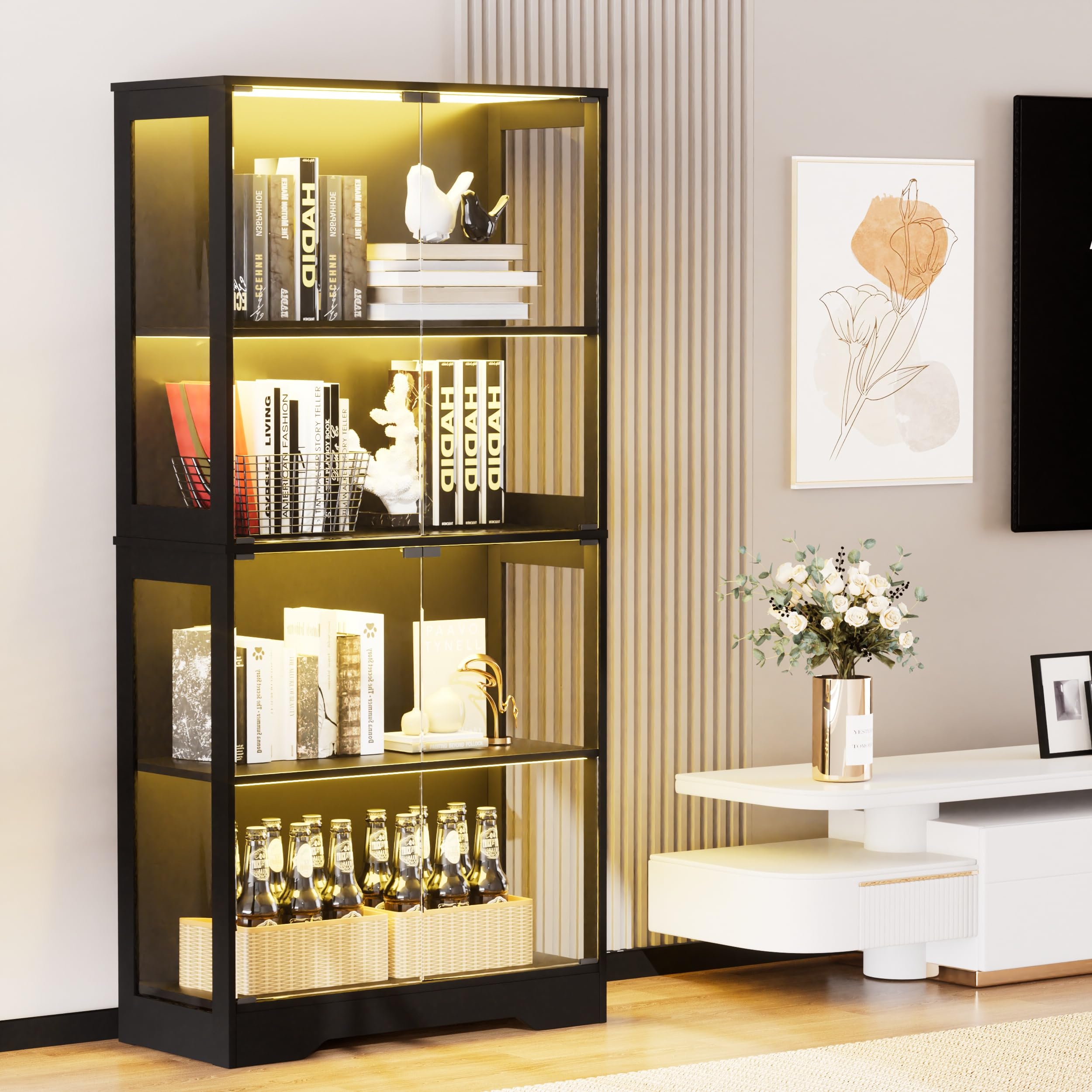 Vitrina de cristal de cuatro niveles con iluminación LED y espacio de almacenamiento – vitrina de cristal independiente con puertas de cristal, sensores inteligentes y armario de pantalla a prueba de