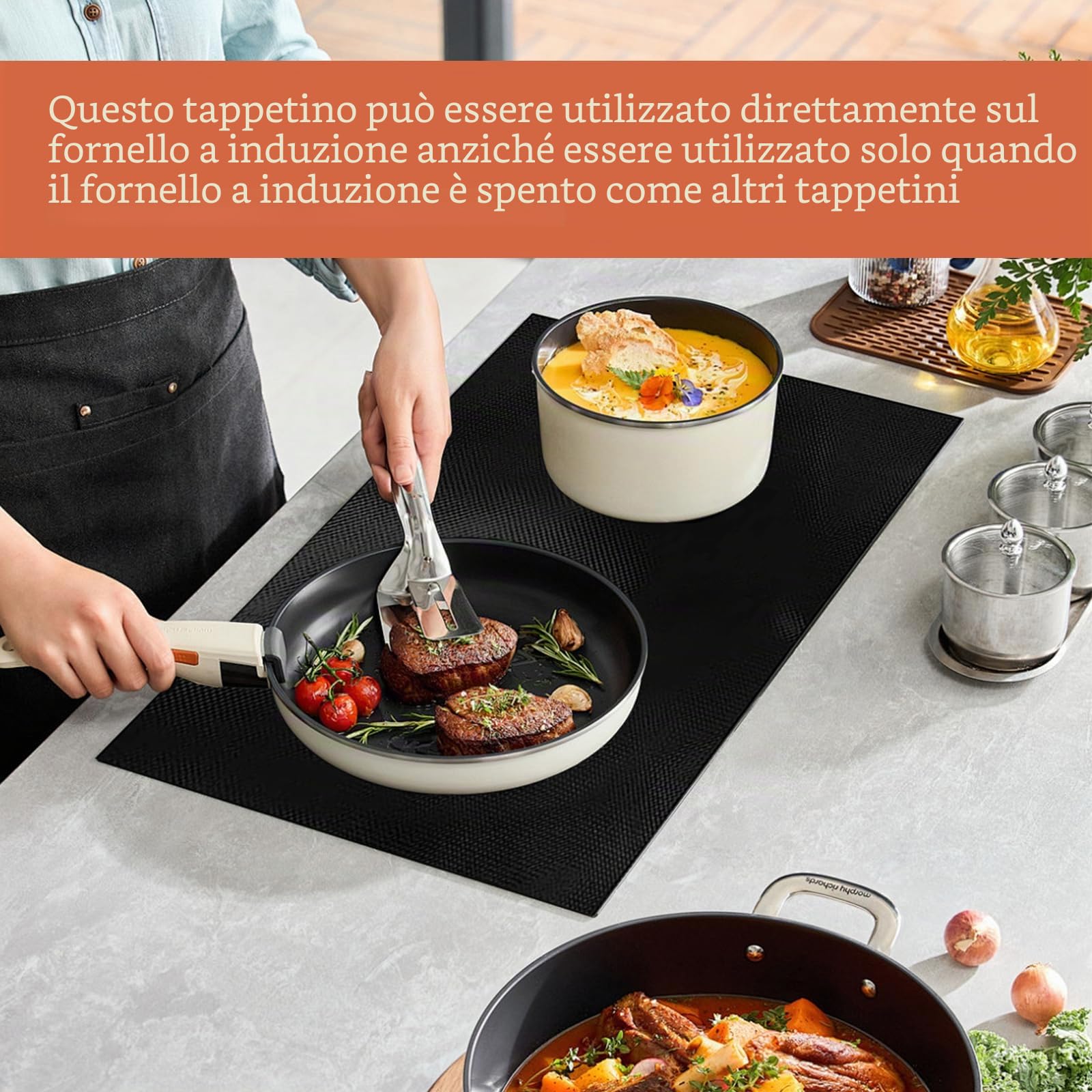 Tappetino rettangolare in silicone nero, 78 x 52 cm, in fibra di vetro, per piano cottura a induzione