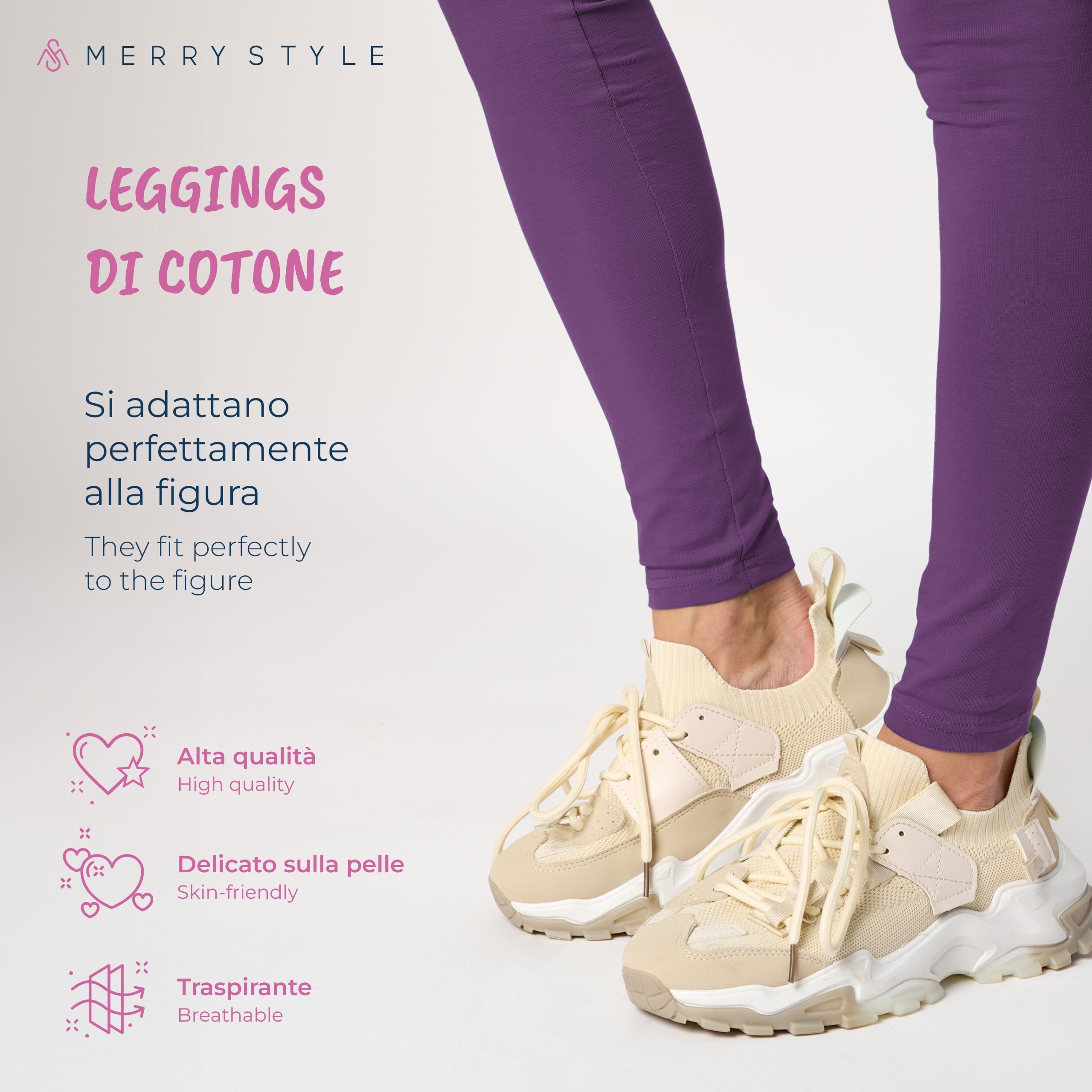 Merry Style Lunghi Leggings Fuseaux Sportivi da Donna Pratico Modello a Vita Alta in Cotone Naturale MS10-198