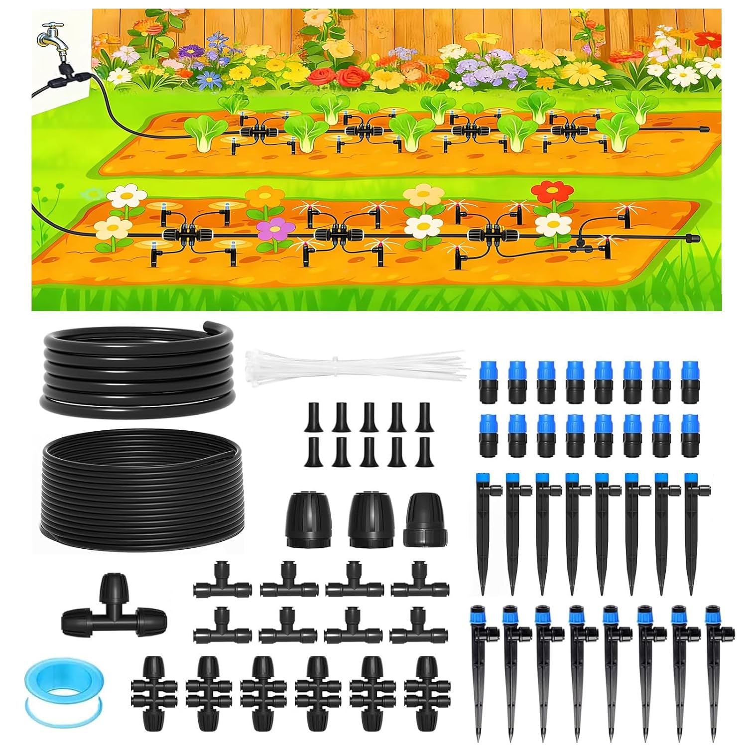 230FT Drip Irrigation System,Automatic Garden Watering System with 1/4" & 1/2" Tubing, Adjustable Spray Nozzles & Sprinklers and Accessories for Garden, Greenhouse, Lawn, Potted Plants