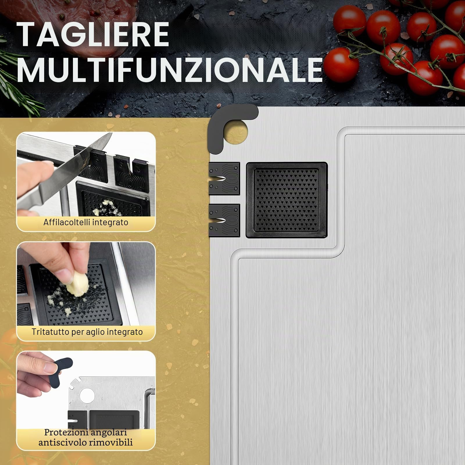 Tagliere in acciaio inox 316, Multifunzione Tagliere Cucina Tagliere in Acciaio Inossidabile Alimentare con affilacoltelli integrato, scanalatura e angoli in silicone antiscivolo