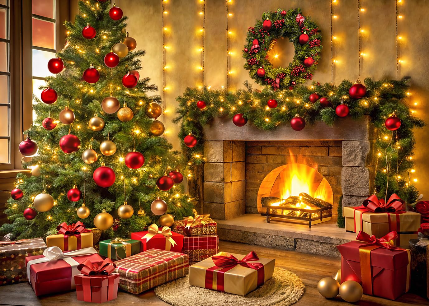 LYCGS 8x6ft Christmas Fireplace Backdrop Xmas Tree Gift Photography Background Merry Christmas Party Decor X-448