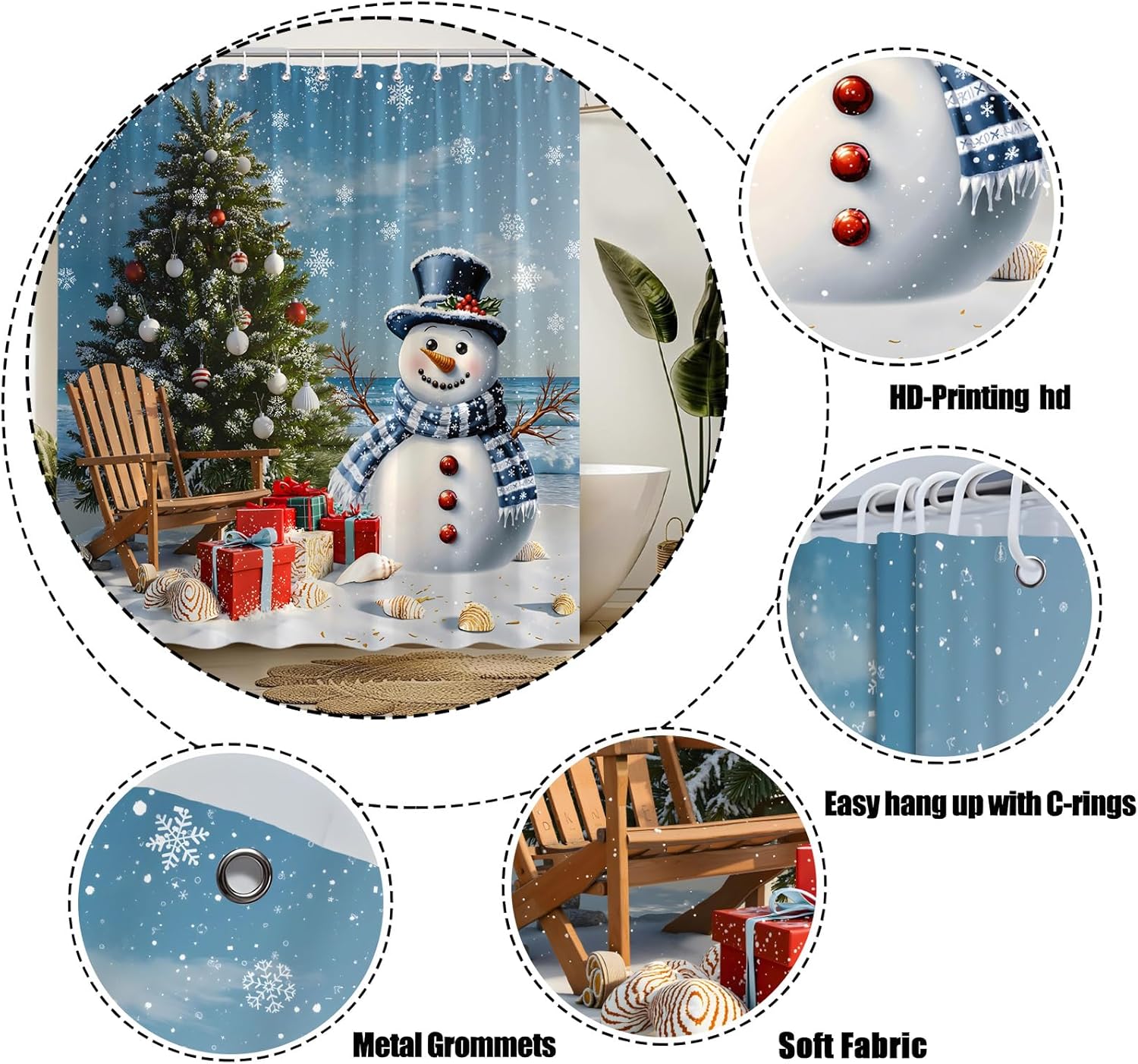 Christmas Tree Shower Curtain Cute Winter Xmas Snowman Snowflake Ocean Beach Chair Seashell 70" Wx84 H Fabric Bathroom Decor Curtain with Hooks