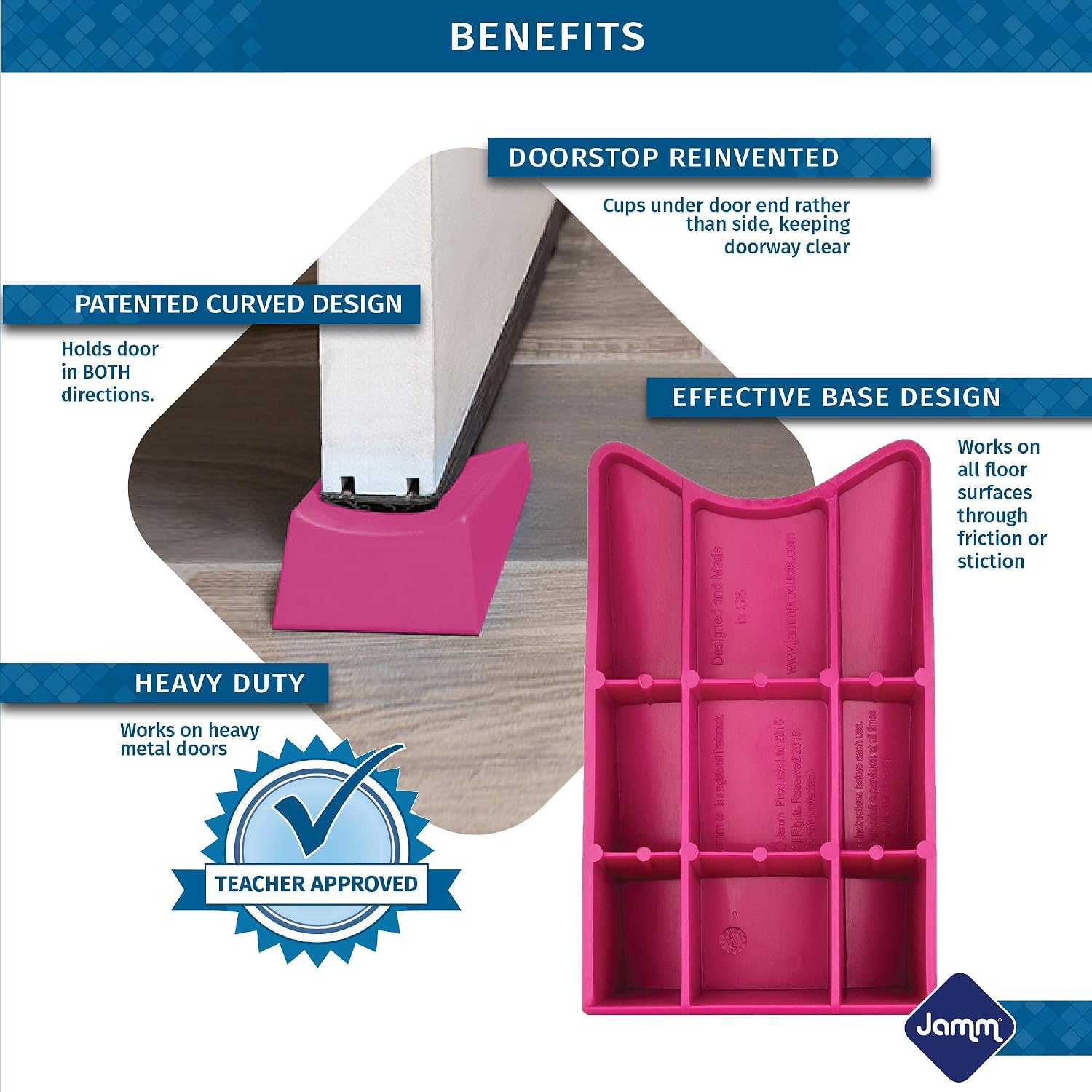 Jamm Jumbo Door Stopper | Door Stop Wedge Holds Doors Open in Both Directions | Premium Non Rubber Non Slip Hardware | Cerise Pink - 2 Pack