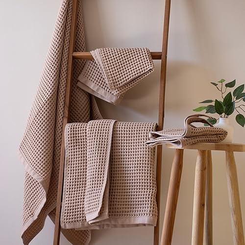 Miniatura 9 de Püskül - Juego de 4 toallas de punto gofre para baño, algodón turco orgánico de primera calidad, 2 toallas de mano y 2 toallas de baño (beige)