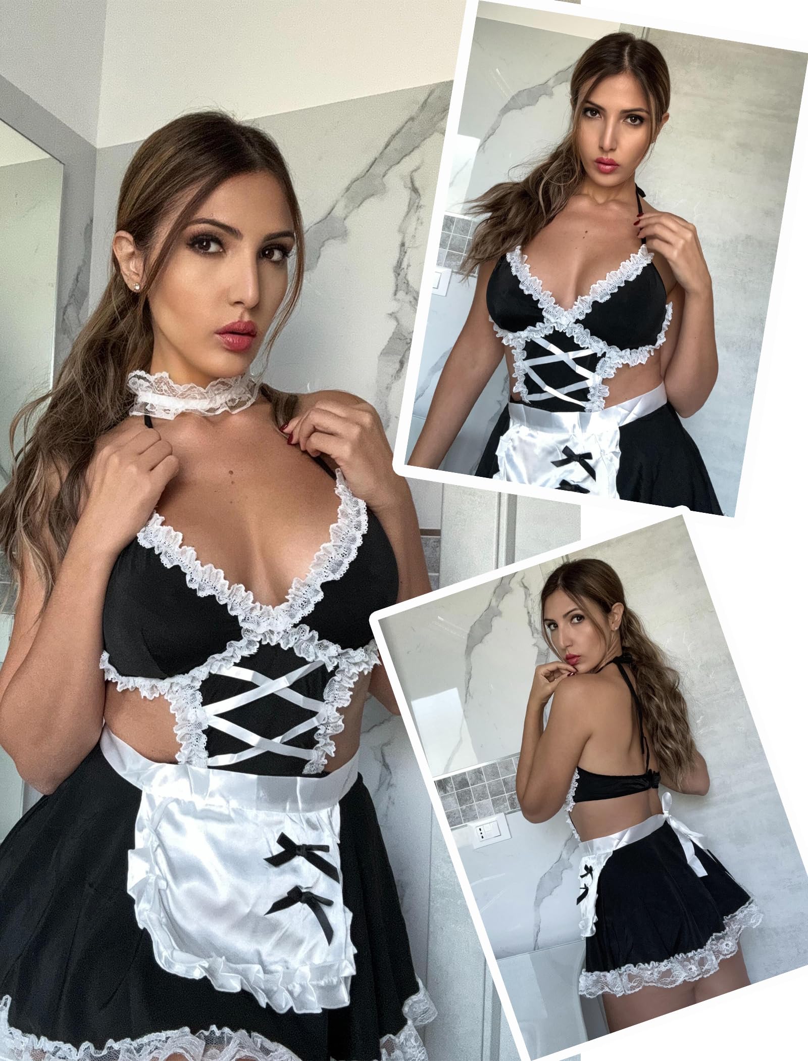 Avidlove Sexy Lingerie for Women Cosplay Costumes Lingerie Set Lace Maid Outfit: Black Small