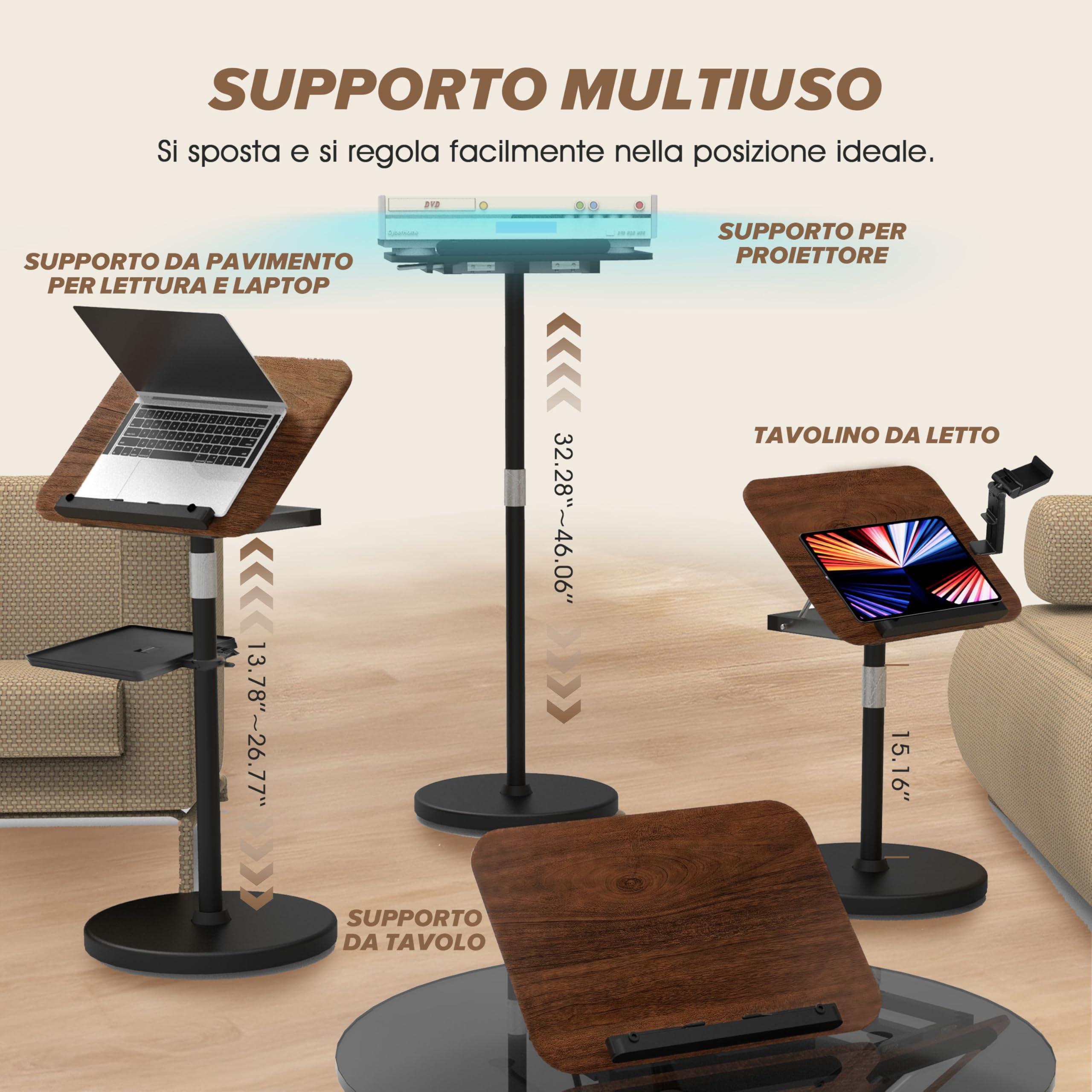 Leggio regolabile 2 in 1 per la lettura, doppio uso da tavolo e da pavimento, leggio con vassoio e fermapagina elastici per spartiti, ricette, tablet, laptop, altezza regolabile 23,5-52 pollici (Noce)