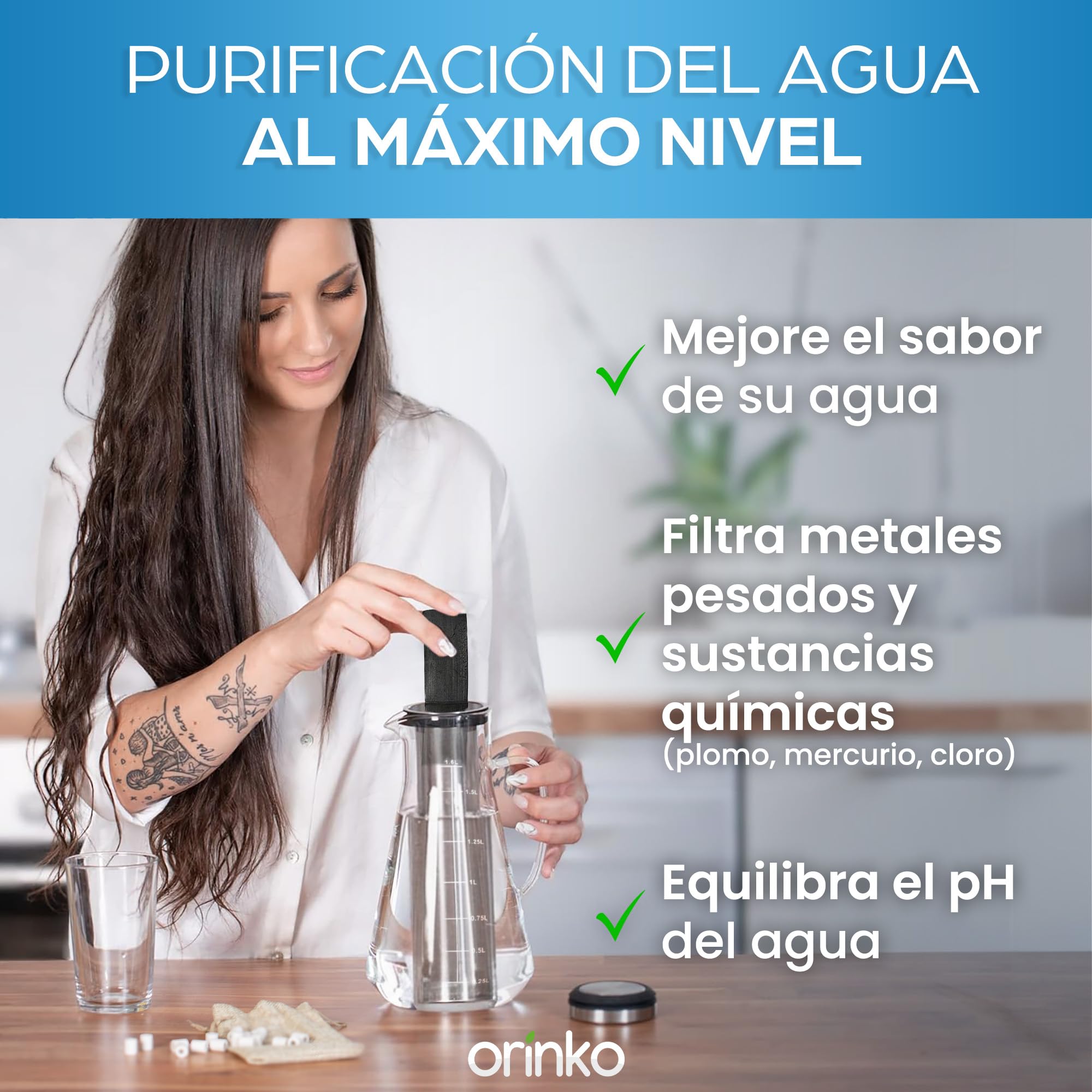 ORINKO Jarra filtrante de cristal 1,6 L + carbón Takesumi japonés x2 + perlas de cerámica EM® x15 - carbón activado vegetal para purificación natural agua - filtración natural potente 2,5 L/bastón