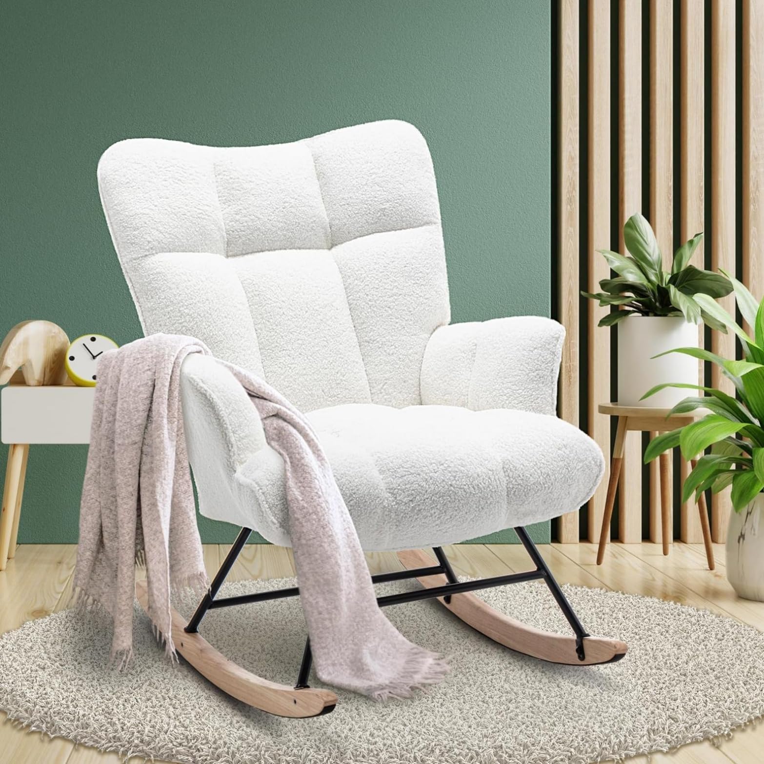 Rocking Chair Nursery Teddy, Upholstered Baby Fluffy Glider Rocker for Adults Indoor, Comfy Sherpa Compact Nursing Chairs for Small Spaces, Living