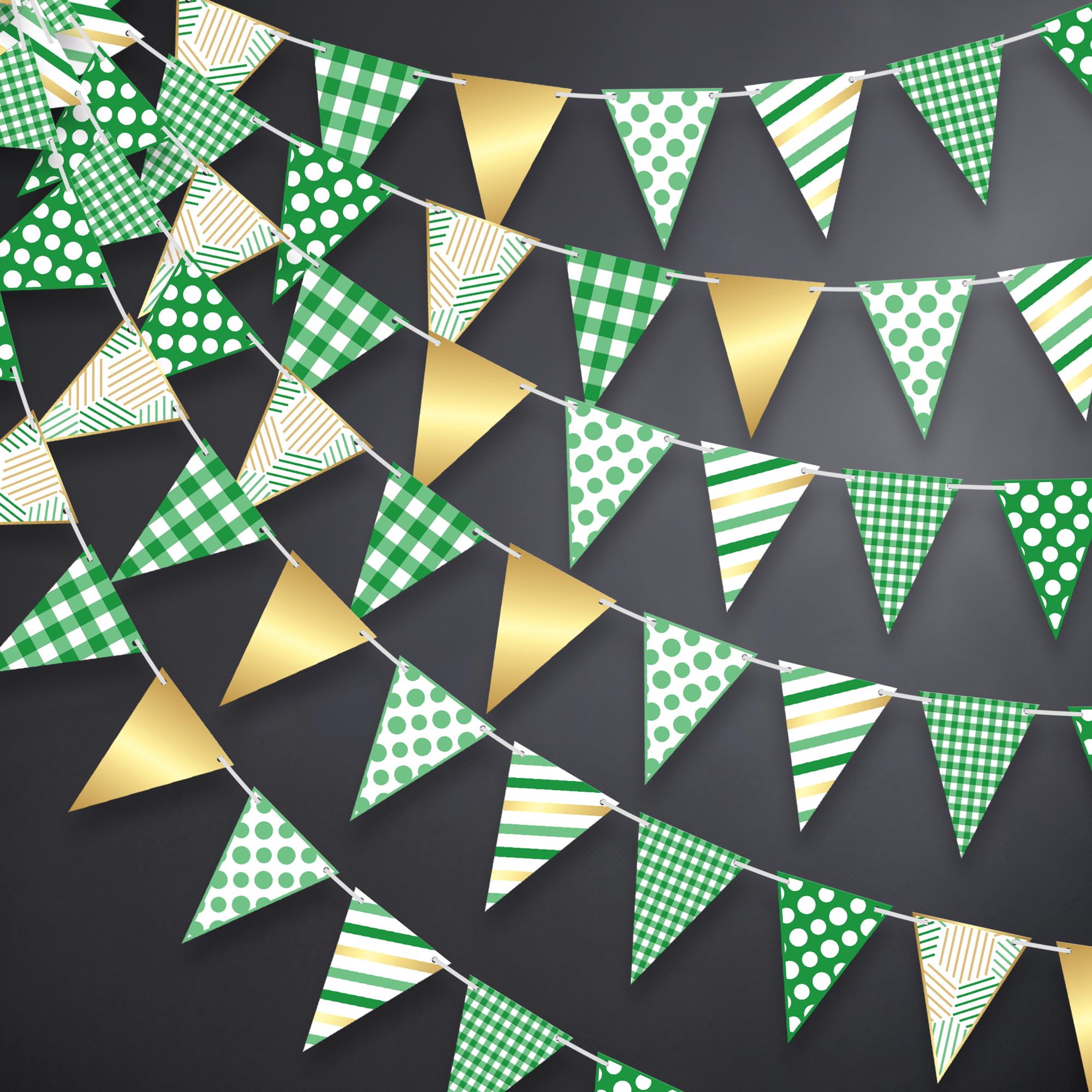 KatchOn, Green White Gold Pennant Flag Banner - 30 Feet | Gingham Checkered Triangle Fabric Bunting Garland | Party Decorations for Birthday, Wedding, Baby Shower, Graduation & Christmas Decoration