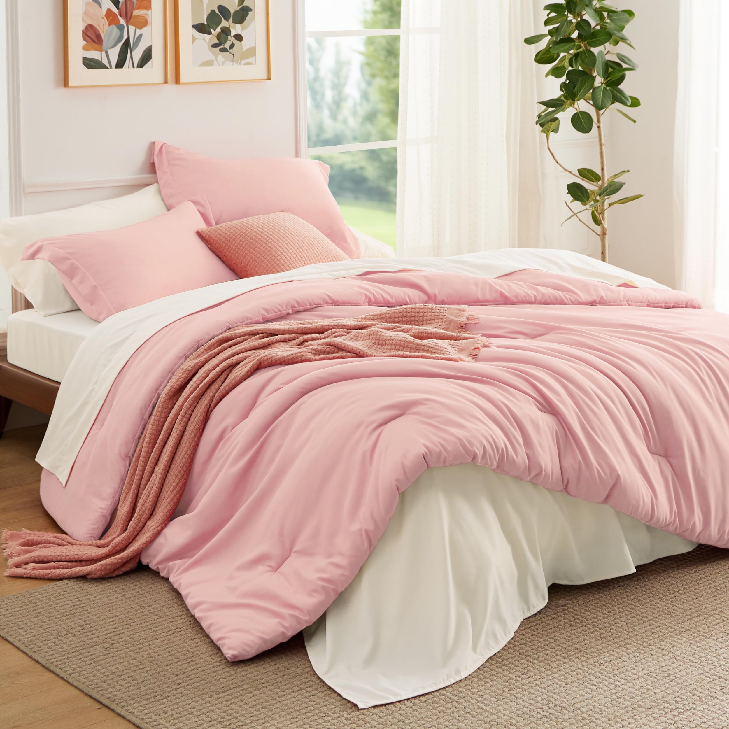 Bedsure Full Size Comforter Set - 7 Pieces Pink Full Bedding Set for All Seasons, Boho Contrasting Design Bed in a Bag with Comforter, Sheets, Pillowcases & Shams