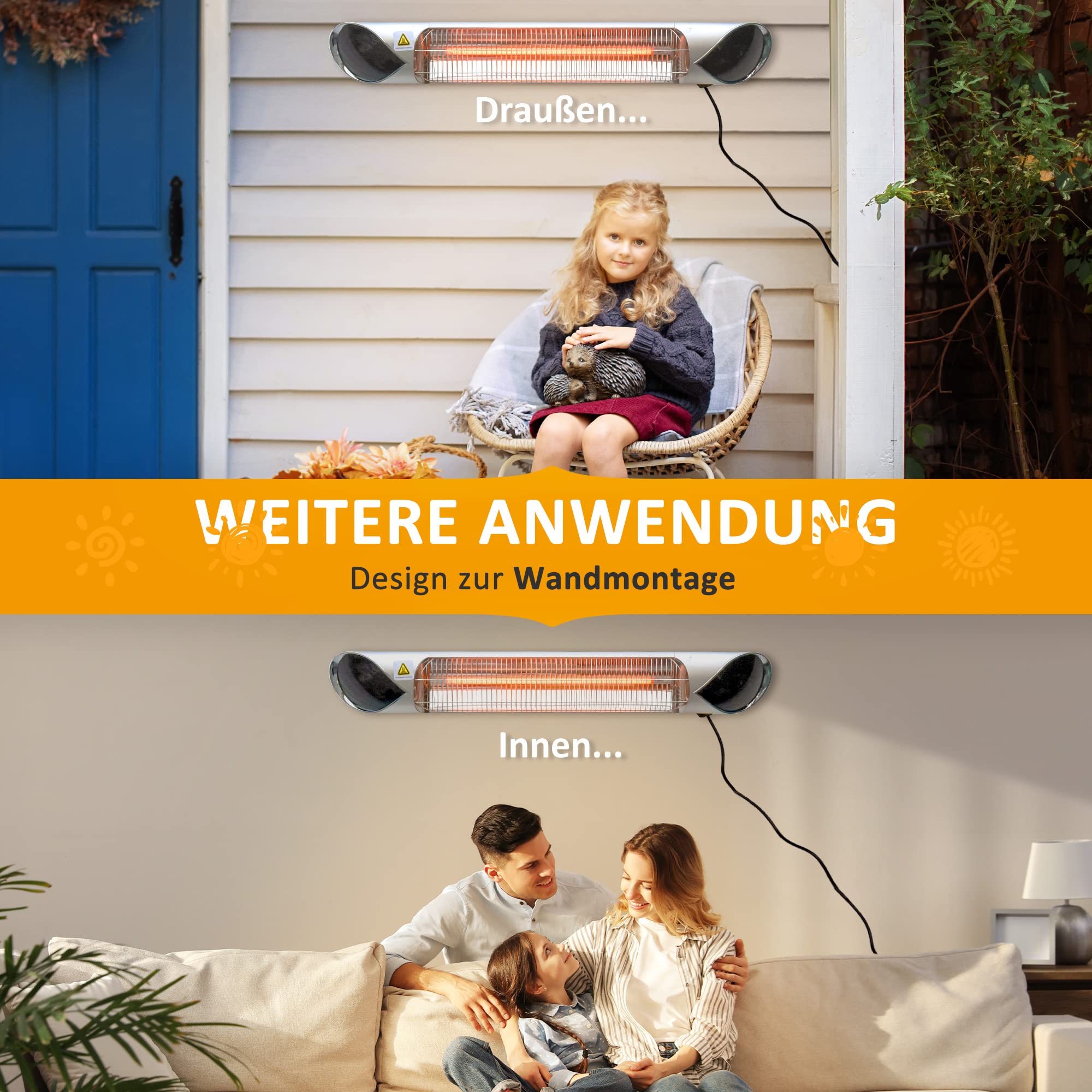 Grzejnik Outsunny, 4 poziomy grzania, 800/1200/1600/2000W, grzejnik elektryczny, grzejnik tarasowy do ogrodu z pilotem, wodoodporny, odporny na kurz, aluminium 88 x 13 x 9 cm