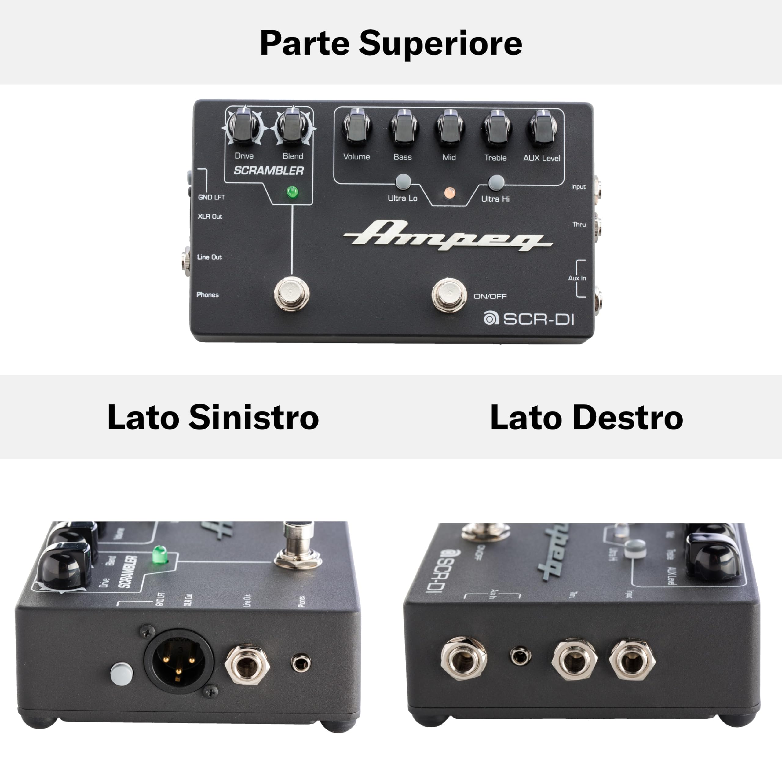 Ampeg SCR-DI Bass Preamp Preamplificatore con Scrambler Overdrive Integrato, Filtri Ultra-Hi/Ultra-Lo, Uscita XLR Bilanciata, Telaio Metallo Nero