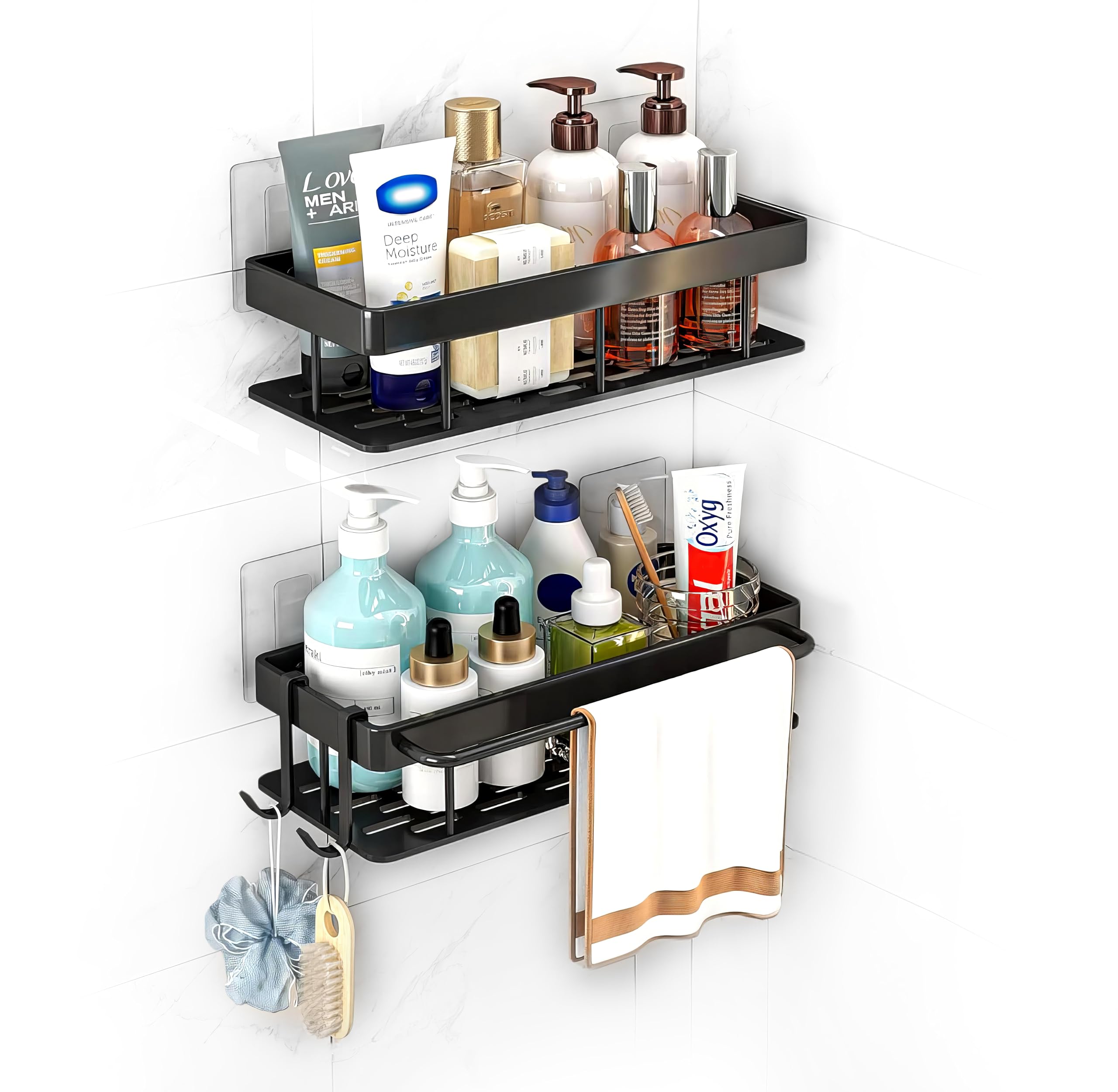 MAXHEM Shower Caddy Basket Shelf Storage Rack Self-Adhesive Aluminum Wall Mounted Bathroom or Kitchen Organizer Space for 2