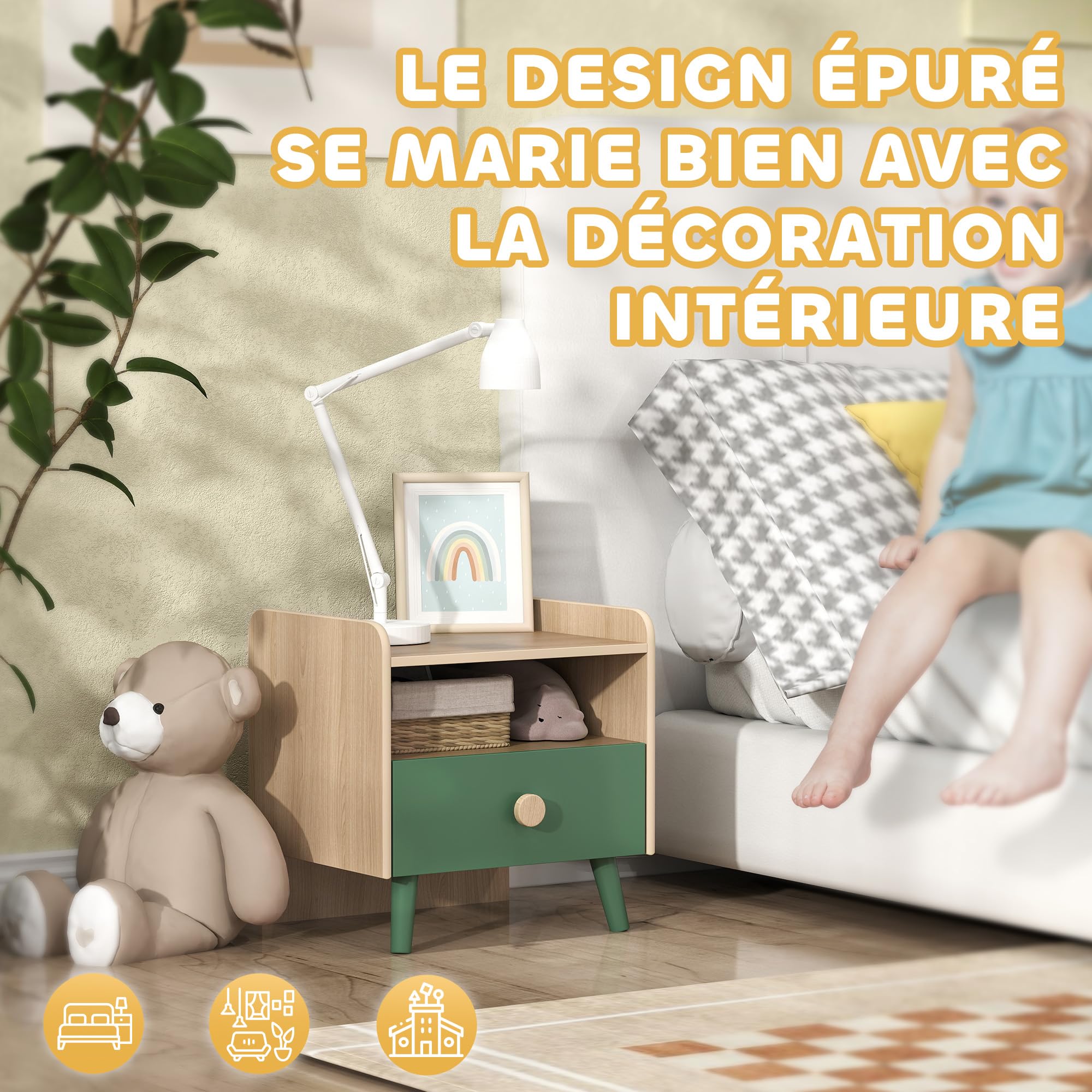 AIYAPLAY Lot de 2 Tables de Chevet Enfant, Tables de Nuit Enfant avec tiroir et Niche, Petite Table d'appoint en Bois pour Chambre d'enfant, 40L x 32,5l x 40H cm, Vert