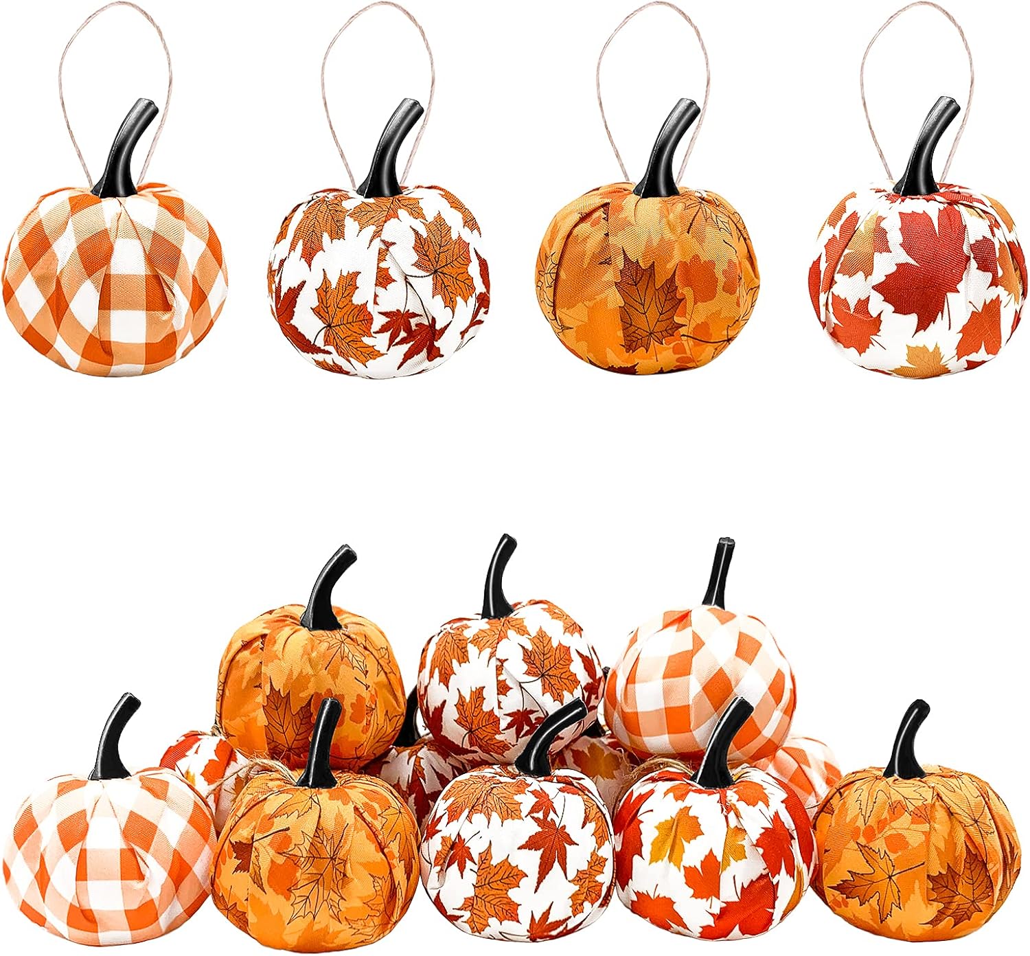 Sfcddtlg 12 Pcs Fall Thanksgiving Day Hanging Pumpkin- Maple Leaf Gingham Fabric Wrapped Hanging Ball Ornament for Farmhouse Fall Autumn Thanksgiving Party Home Décor