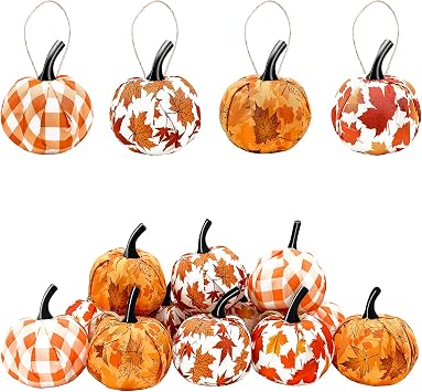 Sfcddtlg 12 Pcs Fall Thanksgiving Day Hanging Pumpkin- Maple Leaf Gingham Fabric Wrapped Hanging Ball Ornament for Farmhouse Fall Autumn Thanksgiving Party Home Decor