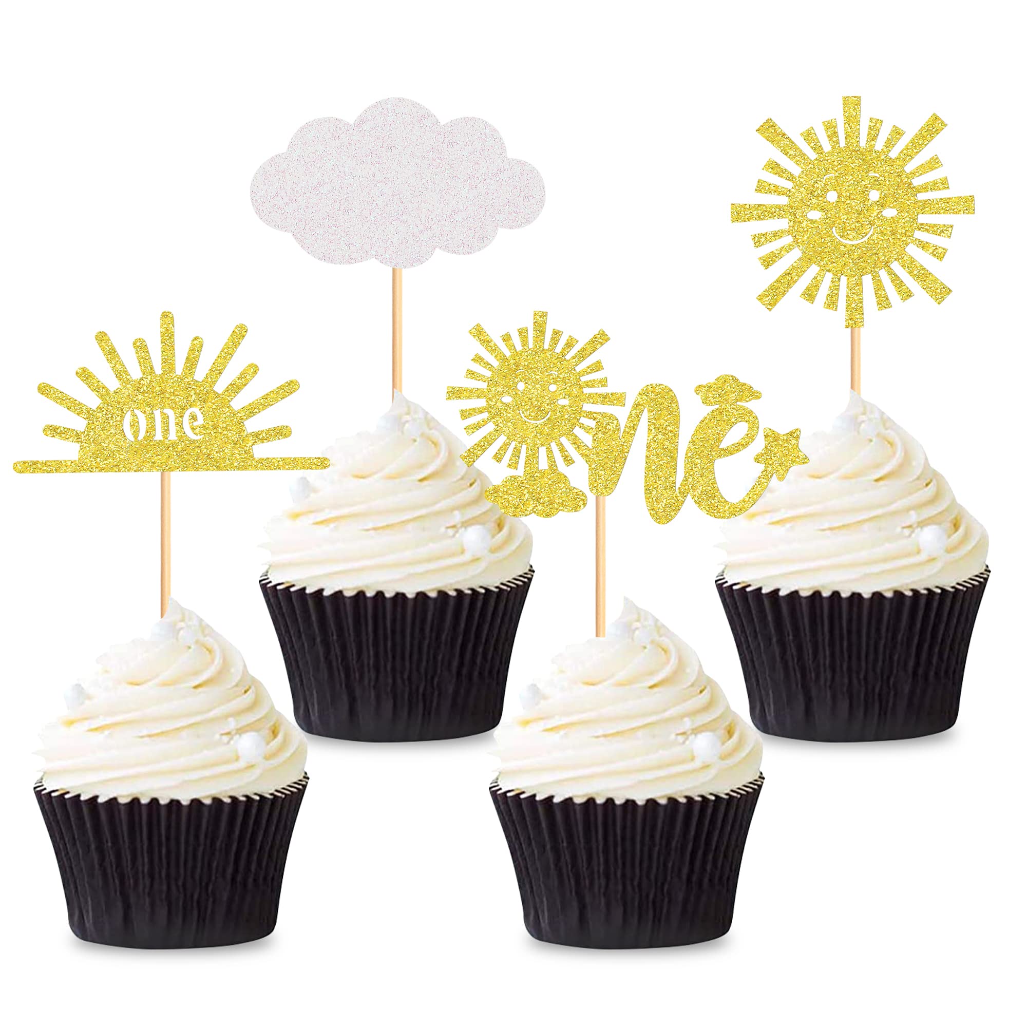 Cyodoos24Pcs Sunshine One Cupcake Toppers Sun Simle Face Cloud You are My Sunshine First Birthday Cupcake Picks Baby Shower 1st Birthday Party Cake Decorations Supplies - Gold Glitter