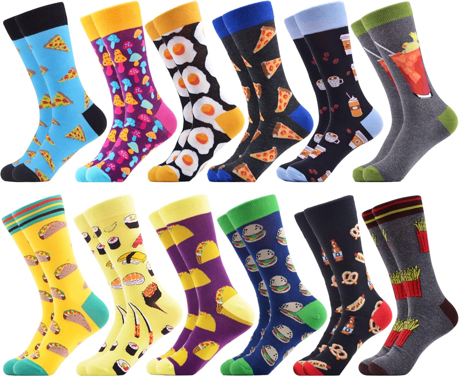 WeciBor Men's Dress Funny Crazy Colorful Novelty Combed Cotton Crew Socks 12 Pack - Size 7-10/10-13/13-15