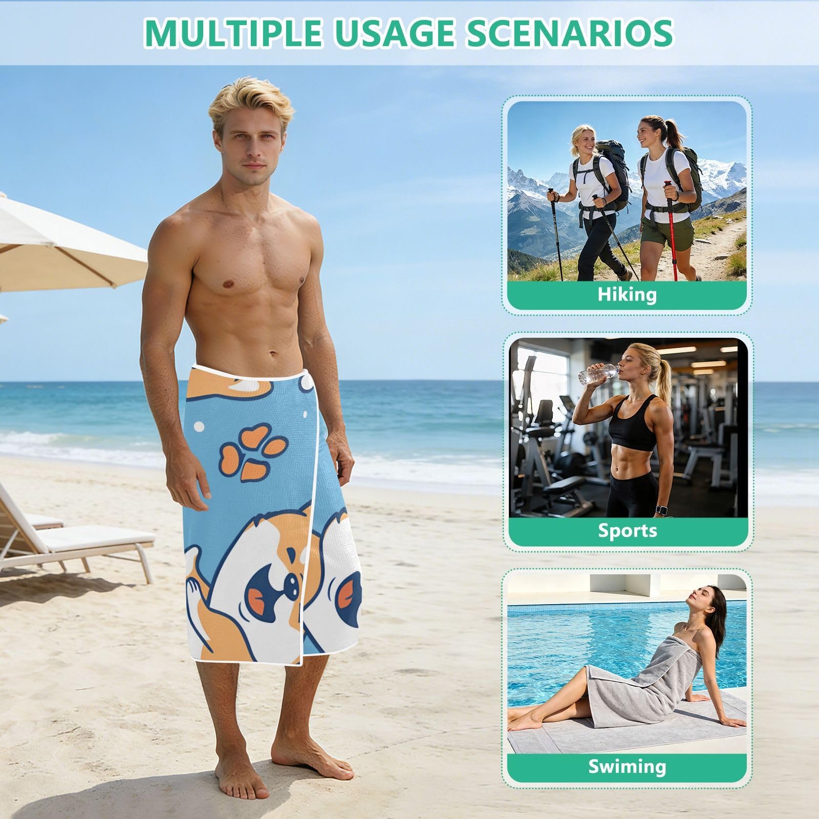Toallas de playa grandes con bolsas de malla para adultos, lindo perro Shiba con huesos, toalla de baño con cierre magnético, toalla absorbente de secado rápido para piscina, camping y viajes