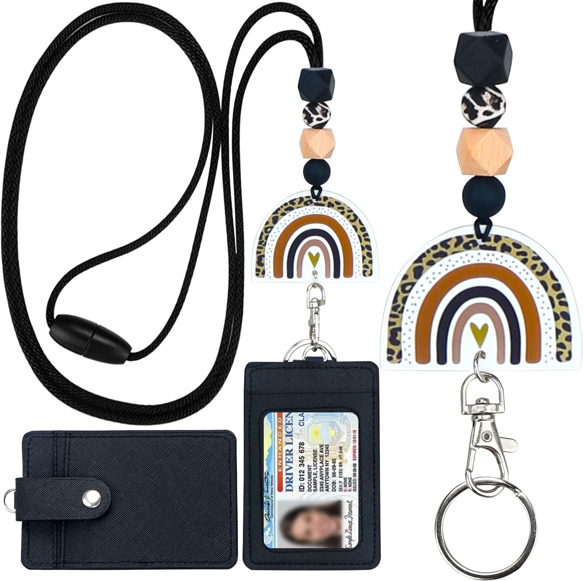 ABAMERICATeacher Lanyards for Id Badges and Keys, Cute Beaded Lanyards for Women with Keychain and Leather Holder of 7 Card Slots, Comfortable, Detachable, Unique Designs from USA