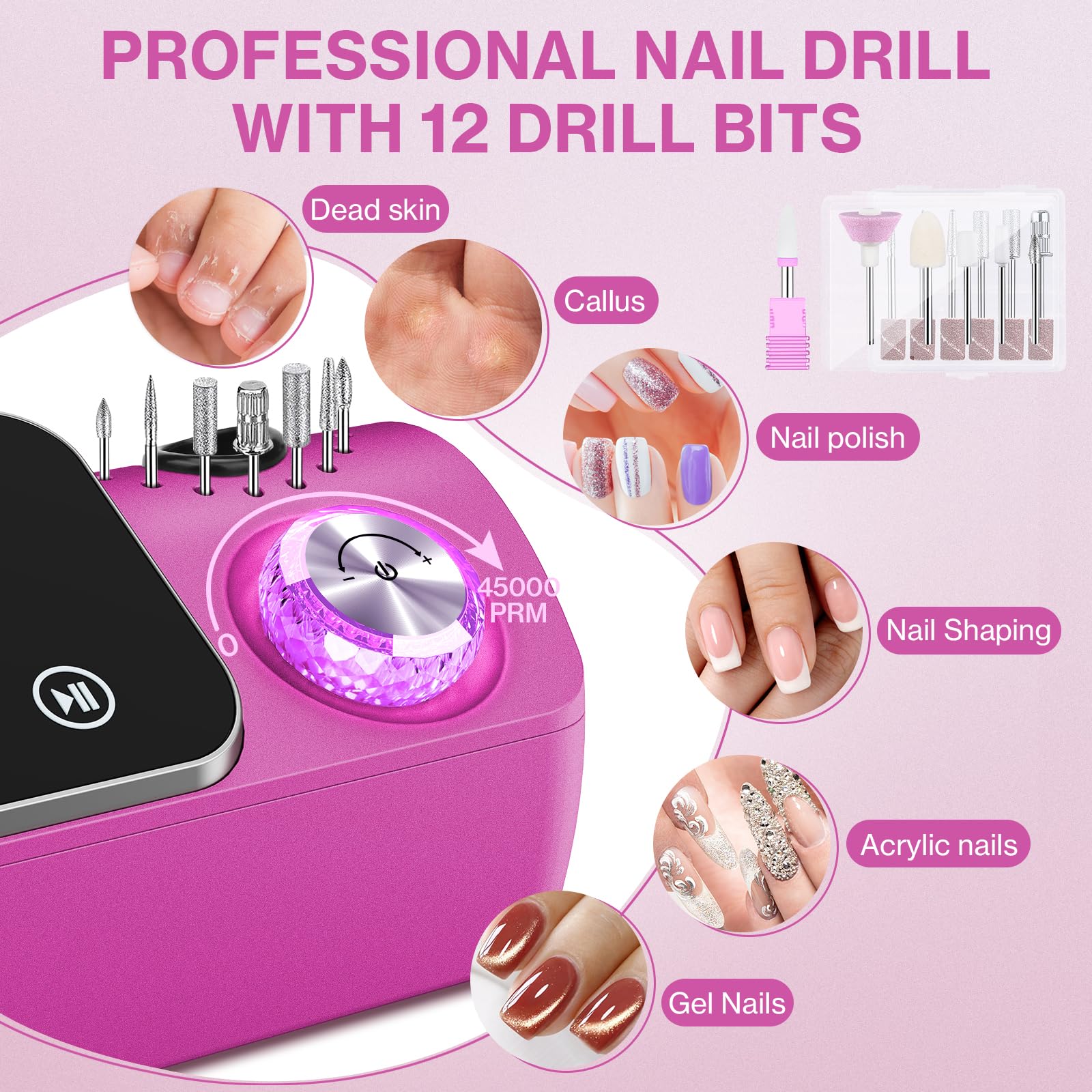 Urbuti Fresa per Unghie Professionale 45000 giri,12 testine di levigatura,Display LCD touch control,Manopola in cristallo,Lima per unghie portatile per unghie in acrilico e gel (Rosa rossa) - 4