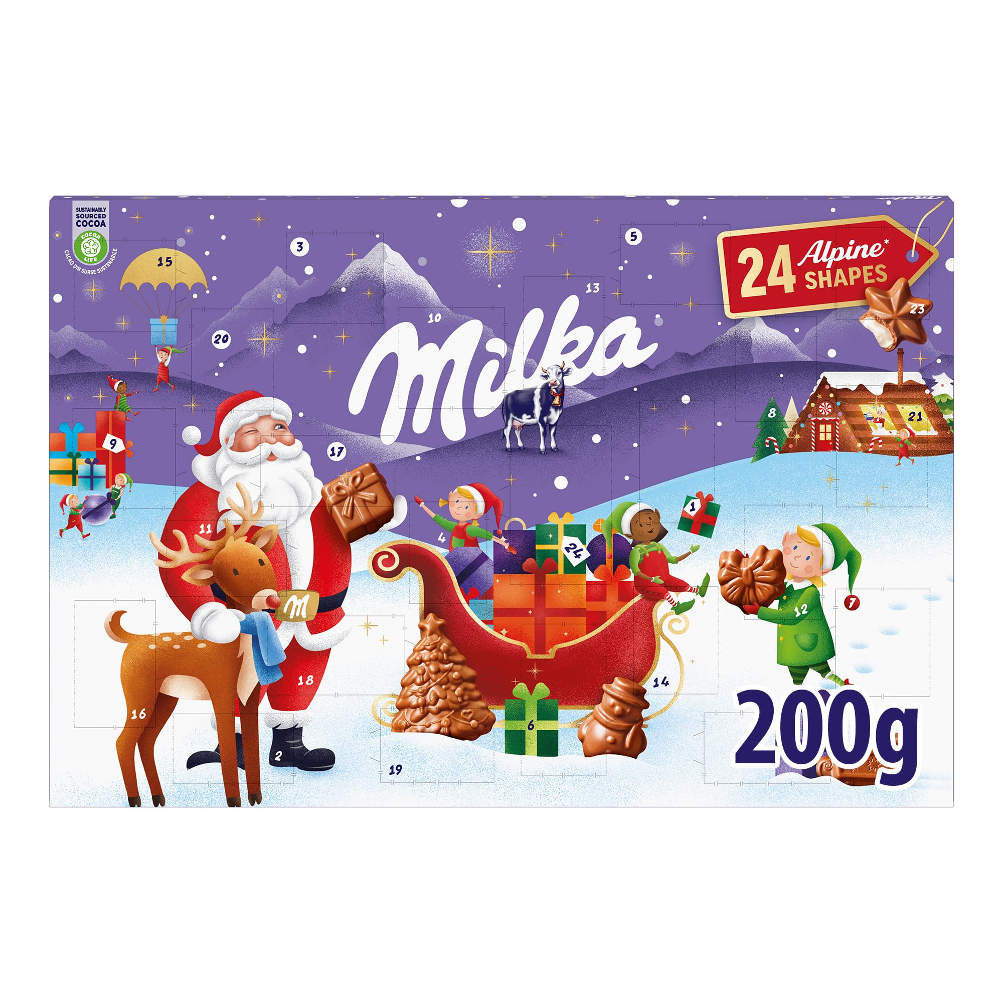 Milka Calendario de Adviento Chocolate con Leche de los Alpes, Edición Especial Navidad-200 g