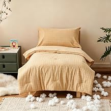 Cottonight Cotton Toddler Comforter Set Champagne Grid Crib Bed Set Washed Cotton Kids Children Bedding Set Bed Set for Bedroom 4 PCS1 Comforter, 1 Flat Sheet, 1 Fitted Sheet, 1 Pillowcase