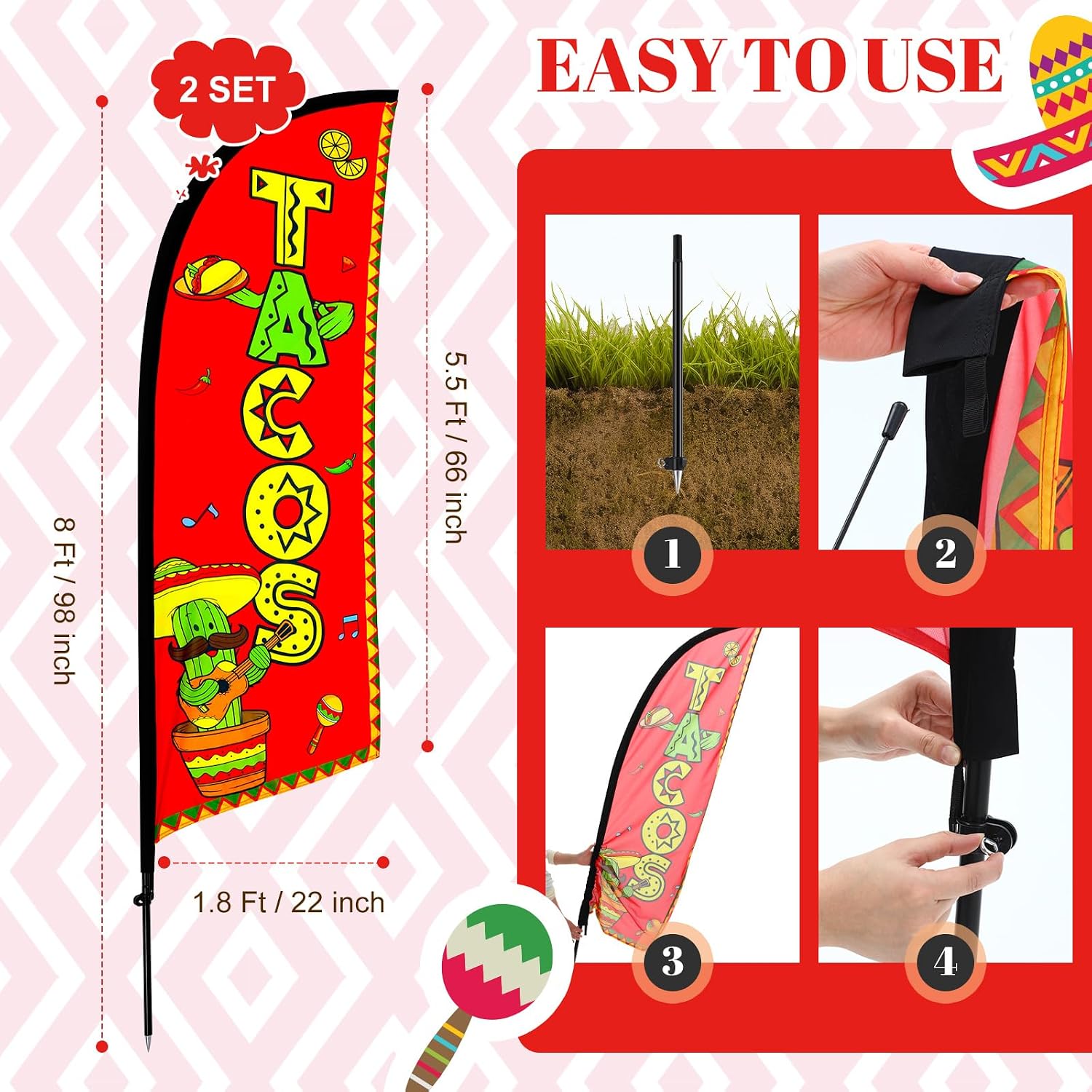 HunnmingRe 2 Set Tacos Feather Flag Kit, 8ft Advertising Swooper Flag Banner with Pole and Ground Stake for Business Restaurant Advertising Banner for Outside Ground