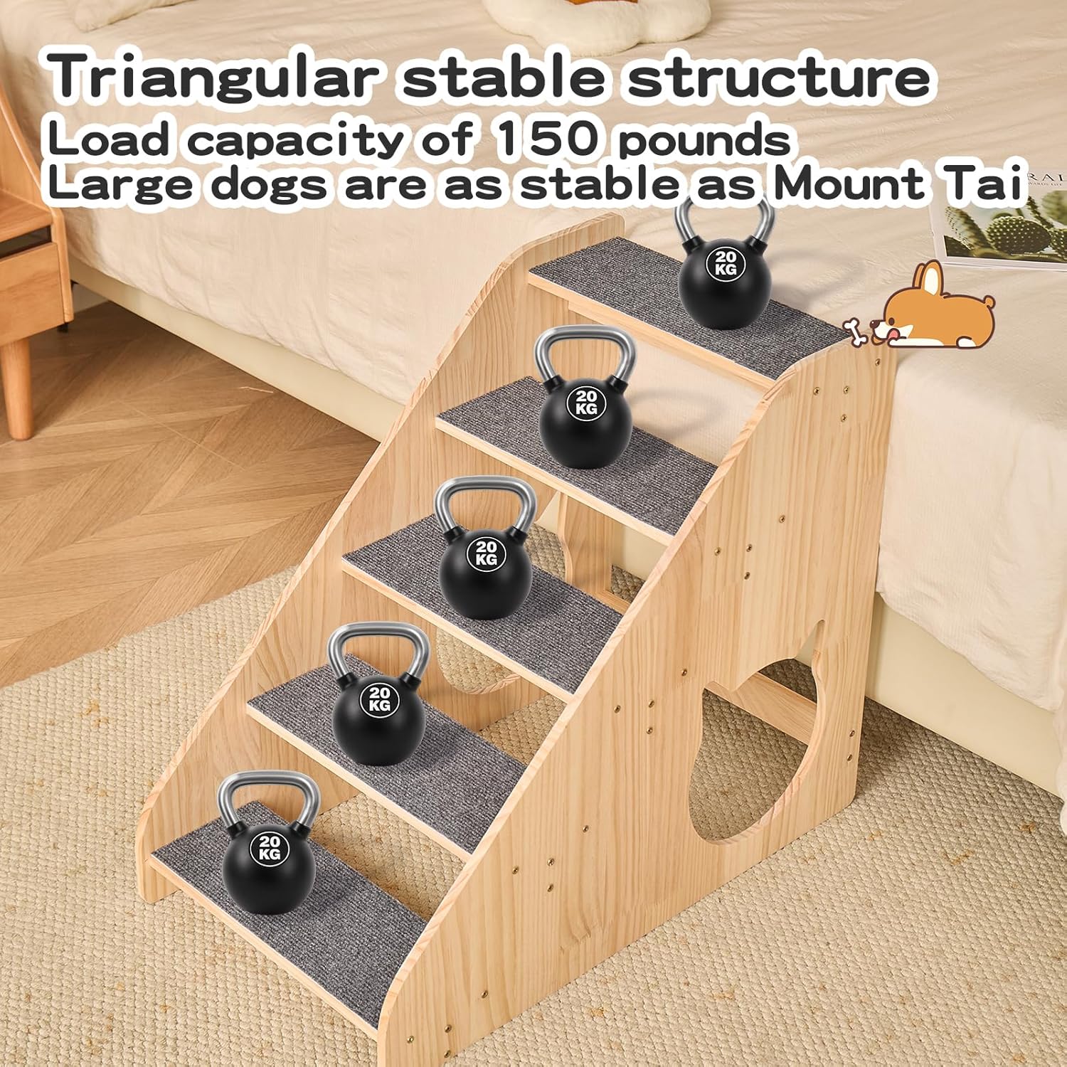 Dog Stairs for Small Medium Large Dogs 22.44" H Load Capacity 150lbs Solid Wood Non-Slip Sturdy Pet Steps for Bed & Couch 5 Step 15.75 * 27.56 * 22.44"