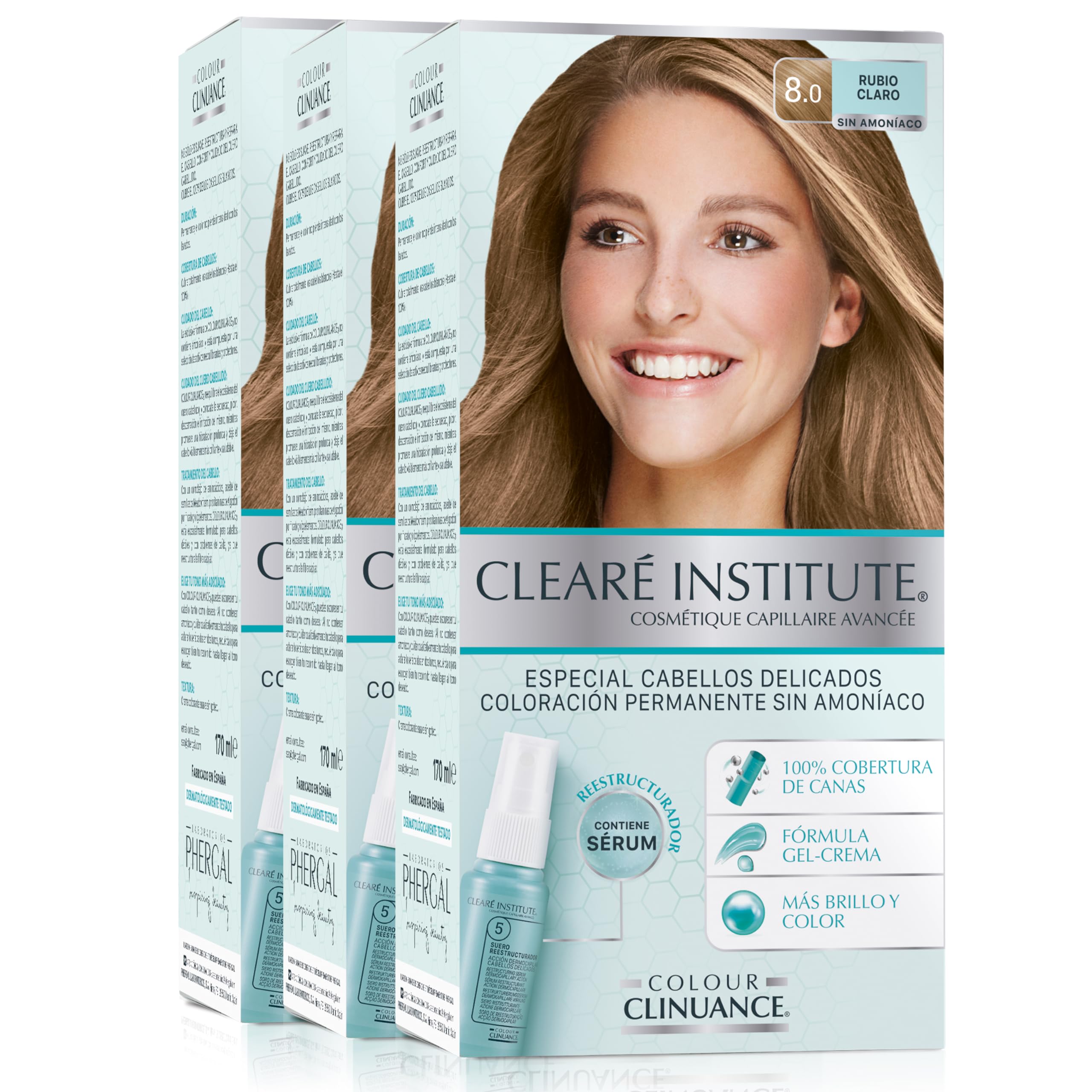 Clearé Institute | Colour Clinuance | Coloración Capilar Permanente Sin Amoniaco | Tinte de Pelo 100% Cobertura de Canas, Incluye Sérum Capilar | Método Curly |8.0 Rubio Claro | Pack de 3
