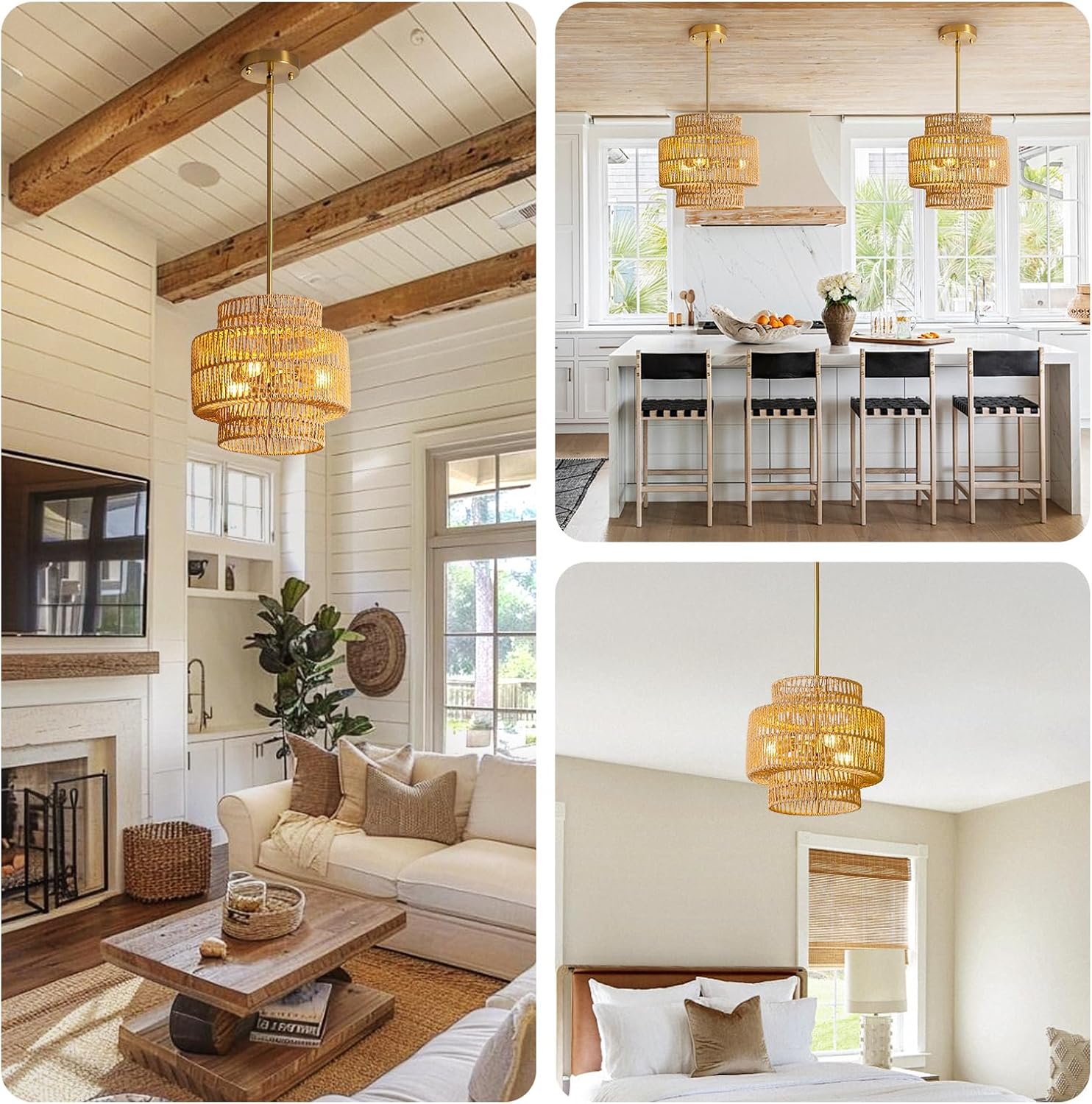 MODIVO 3-Light E12 Boho Rattan Chandelier, 12.6 Inch Hand Woven Farmhouse Pendant Light for Kitchen Island, Dining Room, Bedroom, Rustic Hanging Lamp, Living Room, Entryway, Foyer