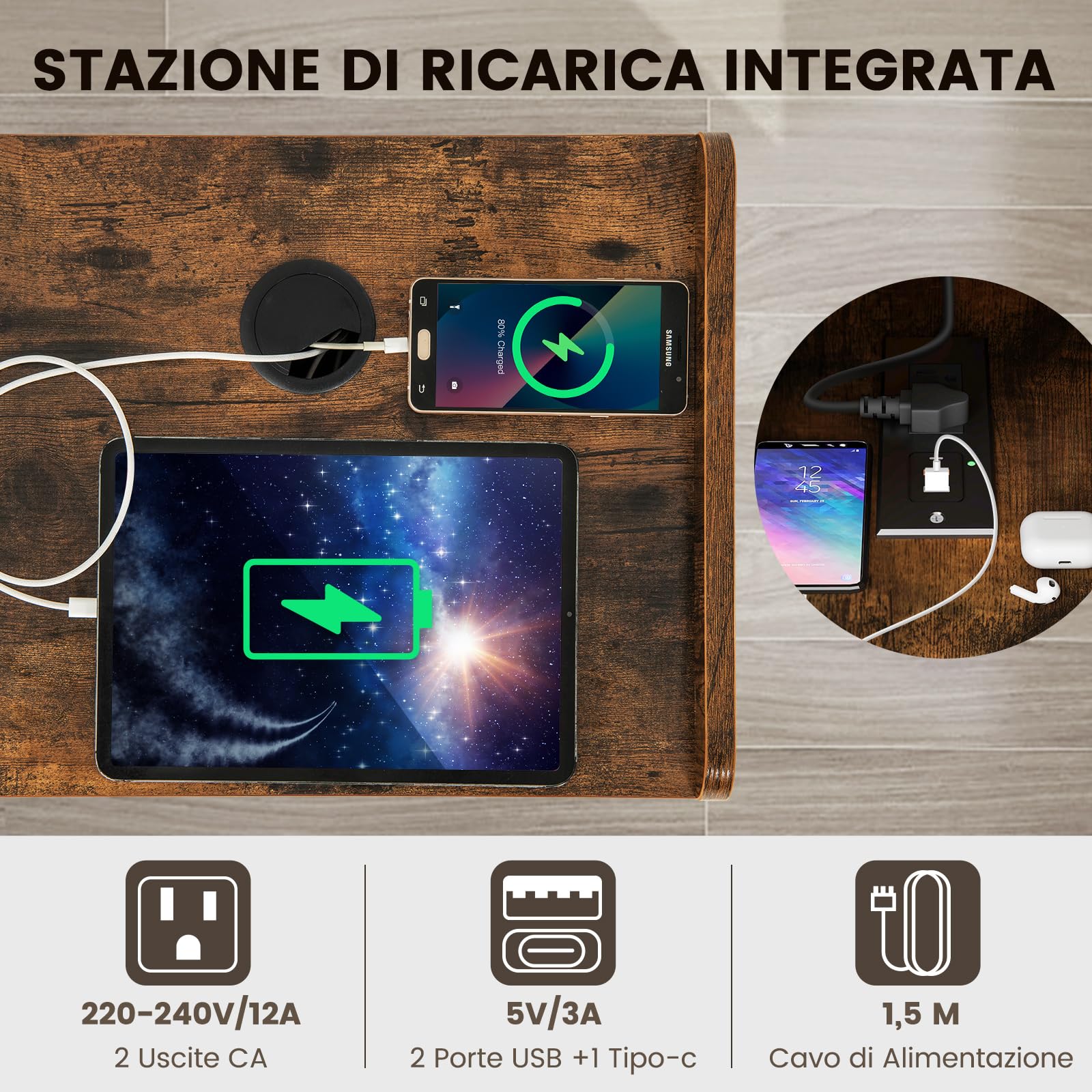 COSTWAY Supporto per Giradischi, Porta Vinili con 4 Ripiani Aperti, Presa di Corrente e Porta USB, con Mensole Espositive, per Soggiorno, Camera da Letto e Ufficio, 43 x 34,5 x 67,5 cm (Marrone)