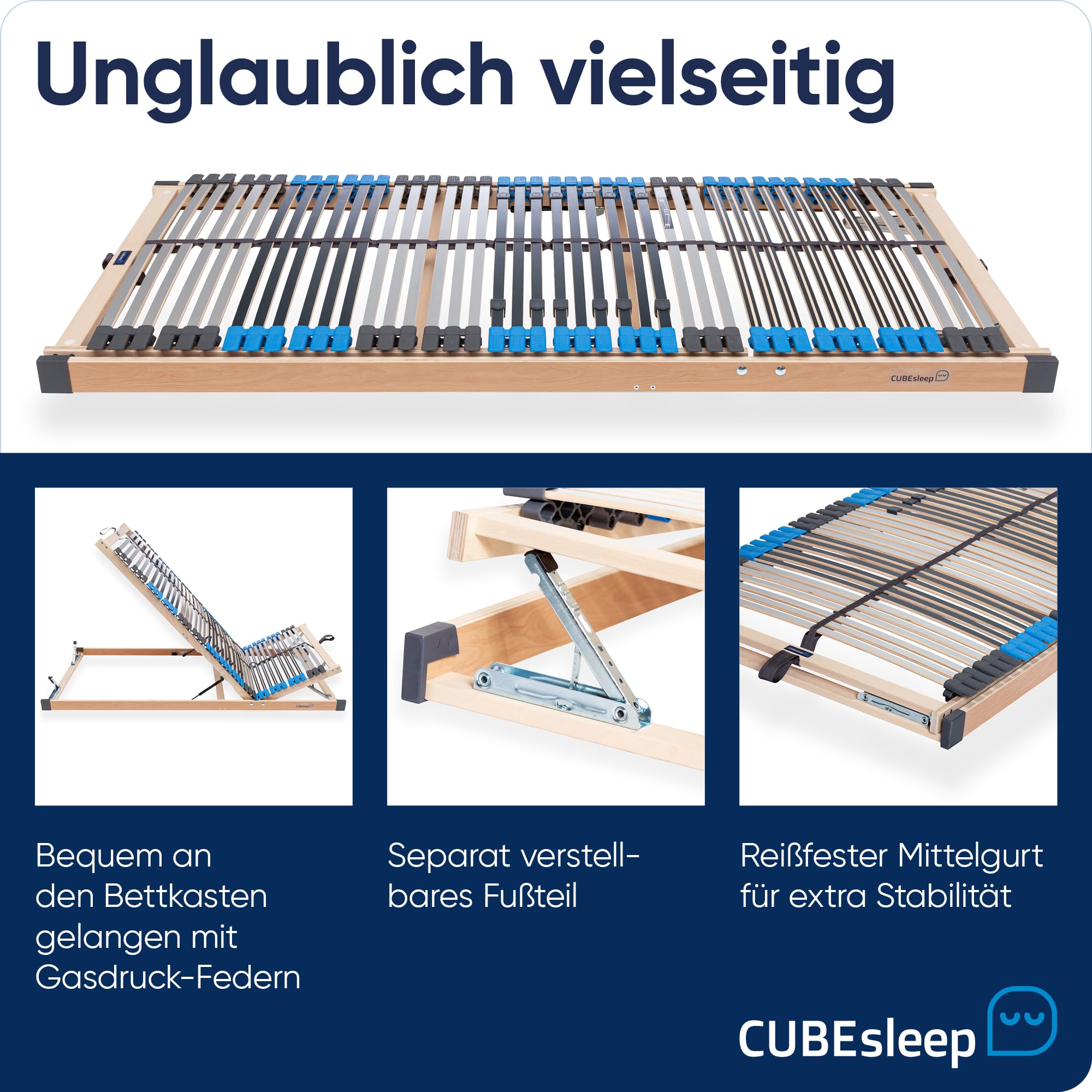 CubeSleep 7 Zonen Lattenrost Pure ECO KF 42 Leisten mit Bettkasten-Funktion | Kopf- und Fußteil verstellbar | Made in Germany (90 x 200 cm)