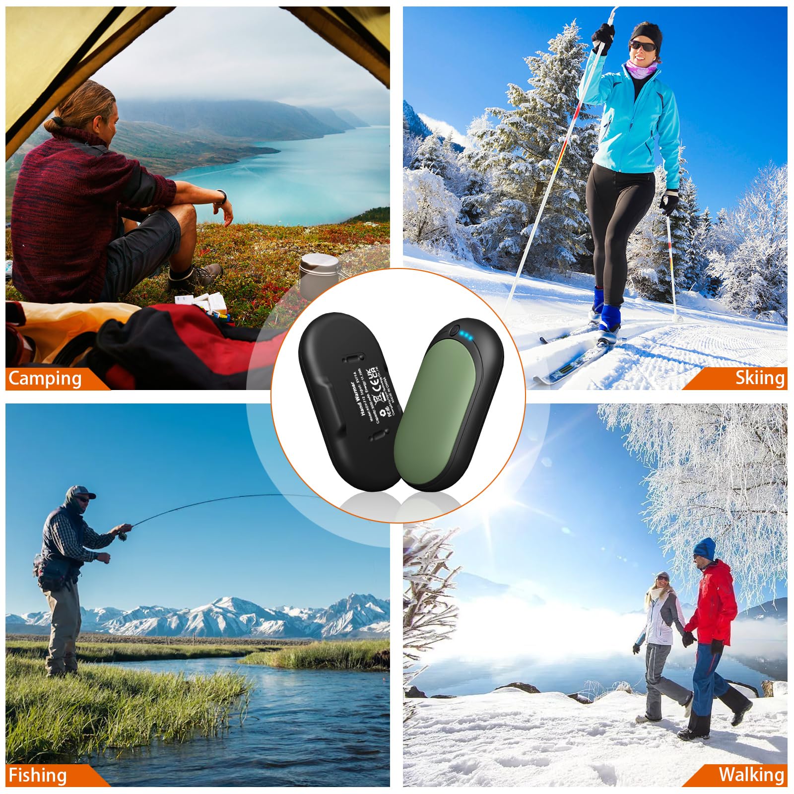 Calentador de Manos Recargable 2 Piezas,2 en 1 6000mAh Batería Calentador Portatil Electrico Calentador Manos de Bolsillo,3 Niveles de Calor,para Navidad/Camping Senderismo