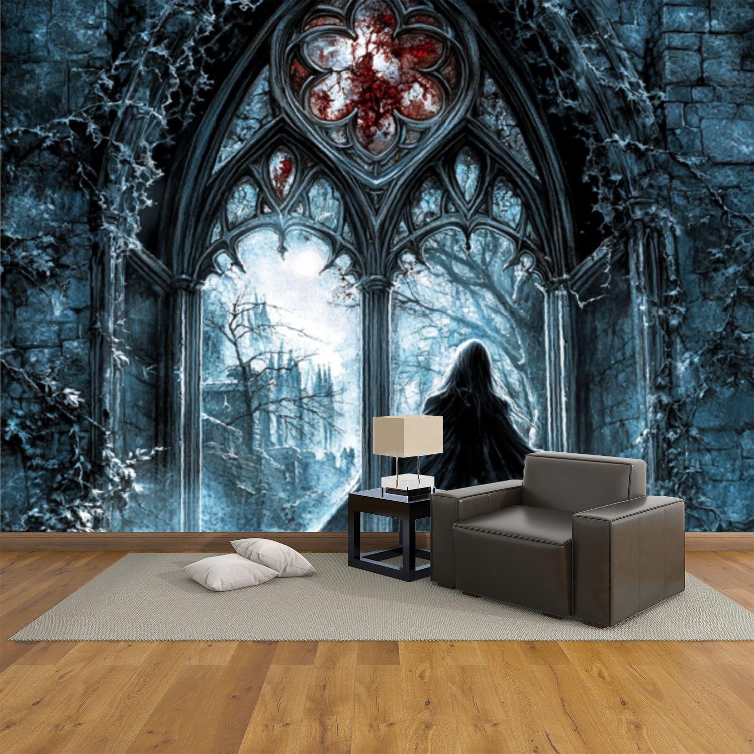 3D Wallpaper Self-Adhesive Intricate Gothic Window Art Vampire Ancient Horror Scenes Wall Mural Canvas Peel Stick Background Wall Sticker Bedroom Living Room Decor 100 x 144 inch