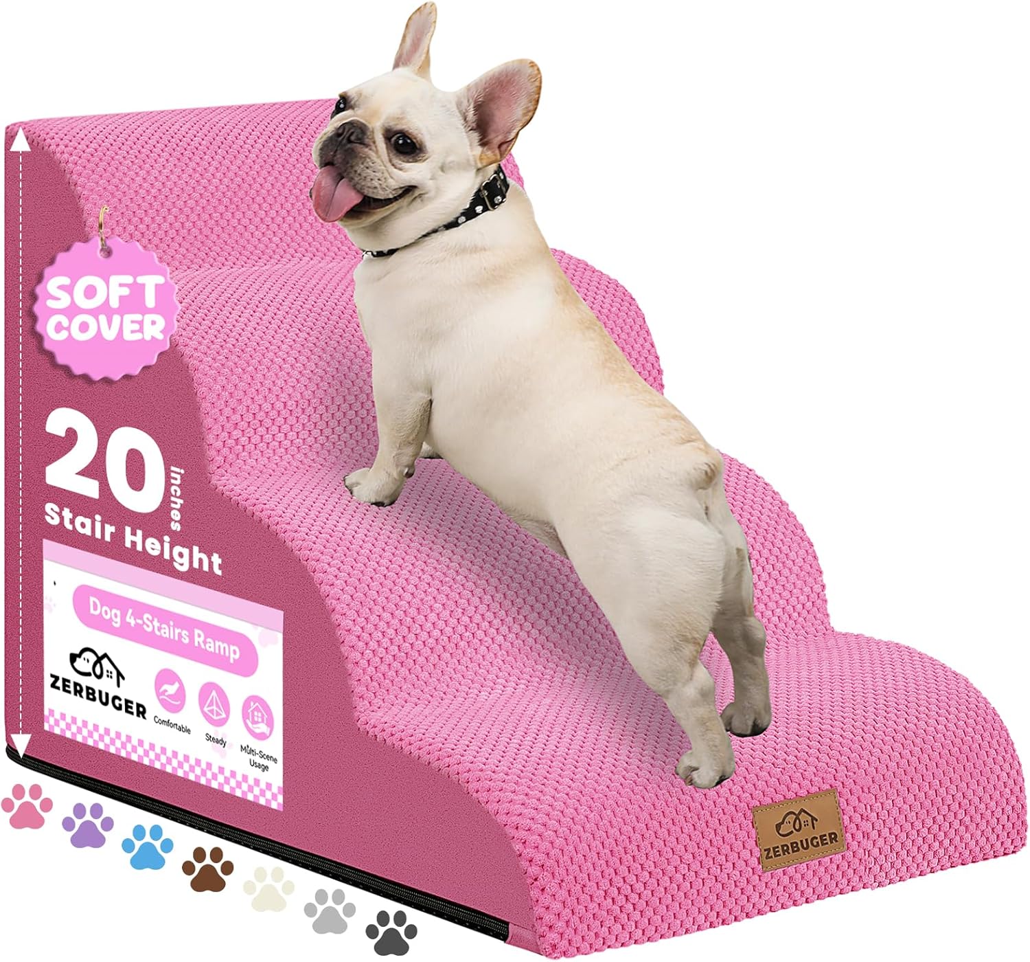 Dog Ramp and Stair for Bed 16″ H-20 H,3-Step Cat Stair for Sofa and Chair,4-Step Dog Ramp for High Bed and Window,Durable Nonslip Fabric Cover for Indoor (Pink-20 H, Pet Friendly, 4)