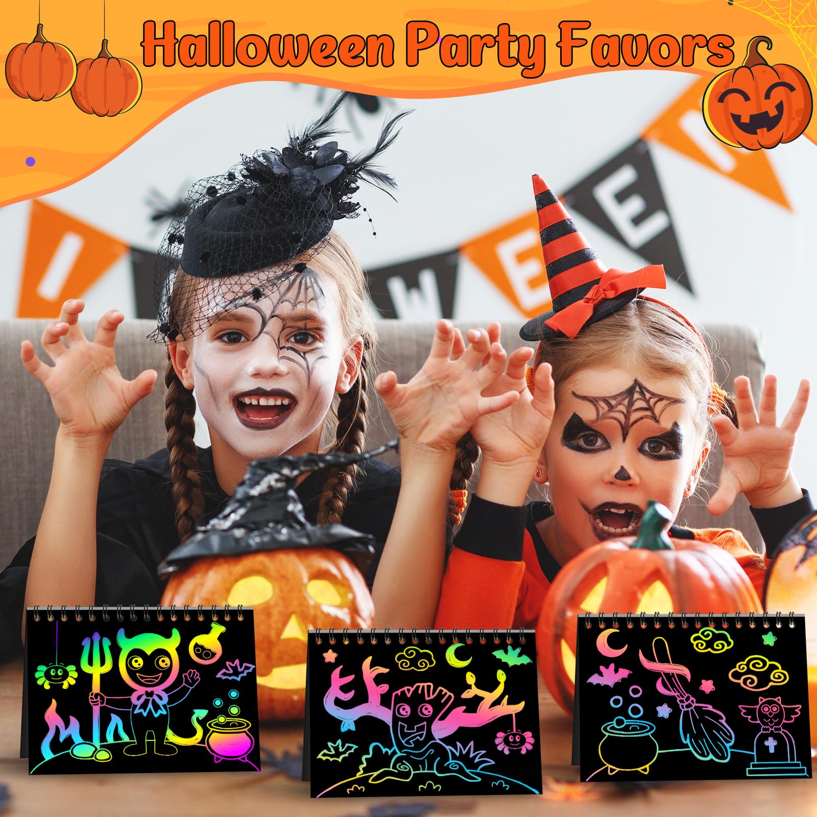 ZMLM Libri Scratch Art Bambini Regalini Kit Disegno, Fogli Arcobaleno da Grattare Craft Notebook con Stilo Stencil Scratch Libri Painting Paper per regalini fine Festa Compleanno Bambini (Halloween)