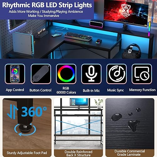 Miniatura 6 de Loomie Escritorio para juegos en forma de L con gabinete de archivos y toma de corriente, escritorio reversible de oficina en casa de 66 pulgadas