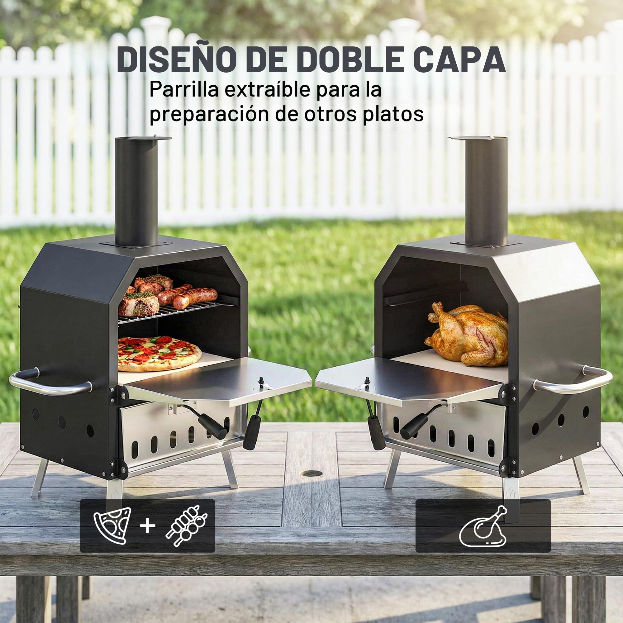 Outsunny Horno de pizza para exteriores de madera, horno de acero inoxidable, 2 niveles, con piedra de 1 cm de grosor, apertura de aire, pata plegable, pala para pizza, asa, estufa de leña, estufa de