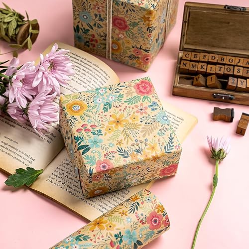 Miniatura 6 de WRAPAHOLIC - Rollo de papel kraft con diseño floral para envolver regalos - Mini rollo - 17 pulgadas x 9.8 pies - Diseño de flores de jardín de