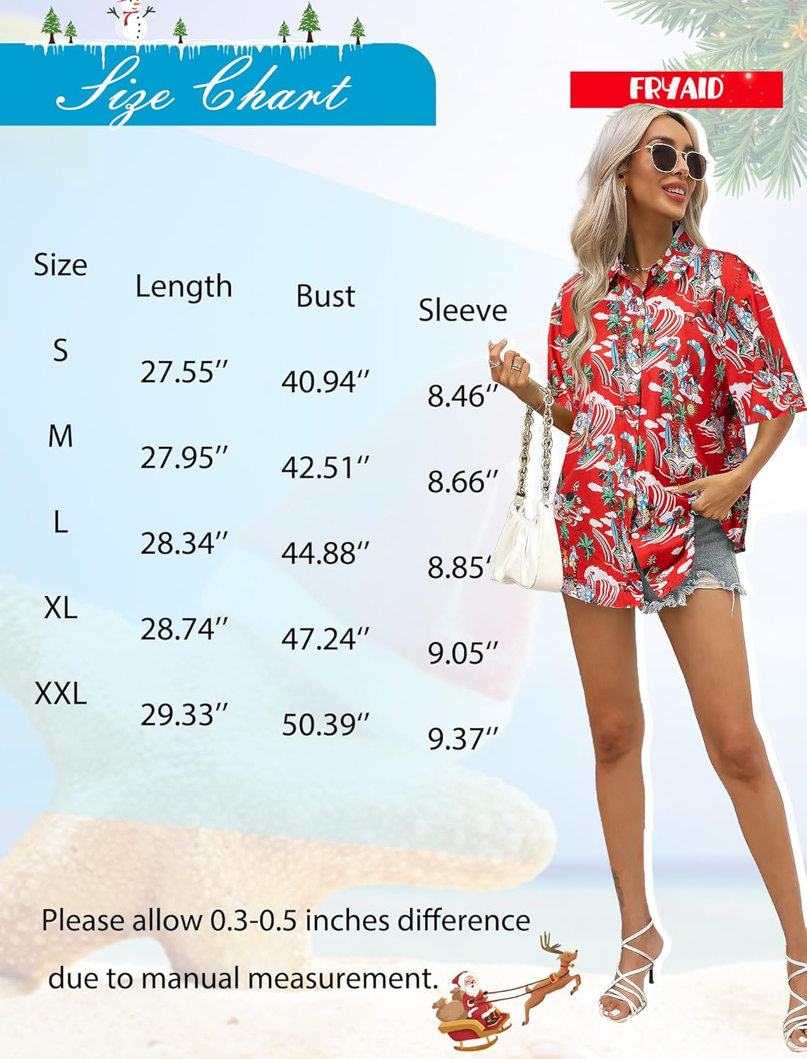 FRYAID Merry Xmas Shirt Hawaiian Shirts Women Funny Santa Claus Ugly Graphic Tee Summer Holiday Beach Blouses Button Up Tops - Image 6