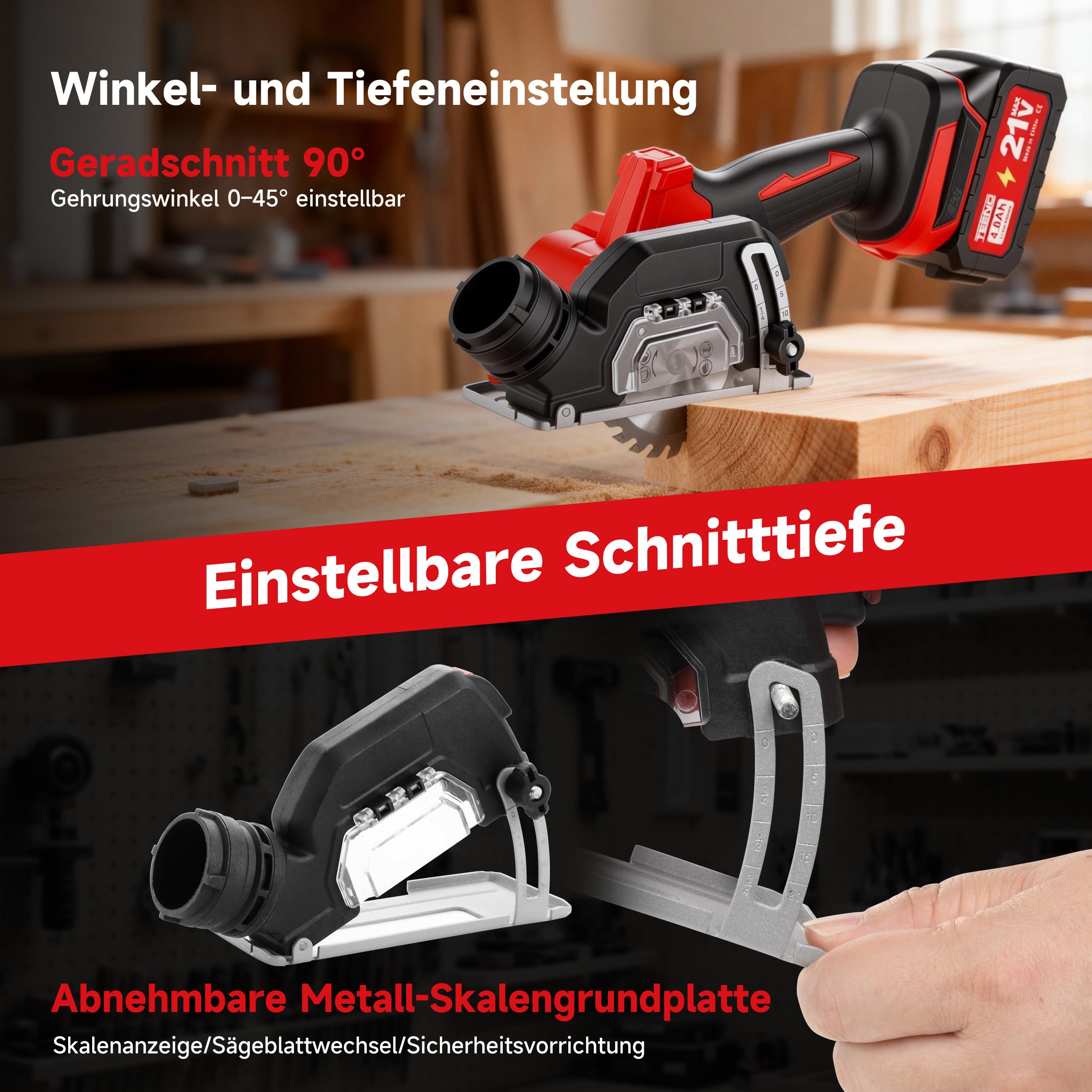 TEENO Akku-Mini-Handkreissäge, Akku Handkreissäge mit LED-Leuchte, 2x 4,0Ah-Akkus, Einstellbarer Schnittwinkel, 20000 U/min, 3 Sägeblätter inklusive Schleifscheibe für Metall, Holz und Fliesen