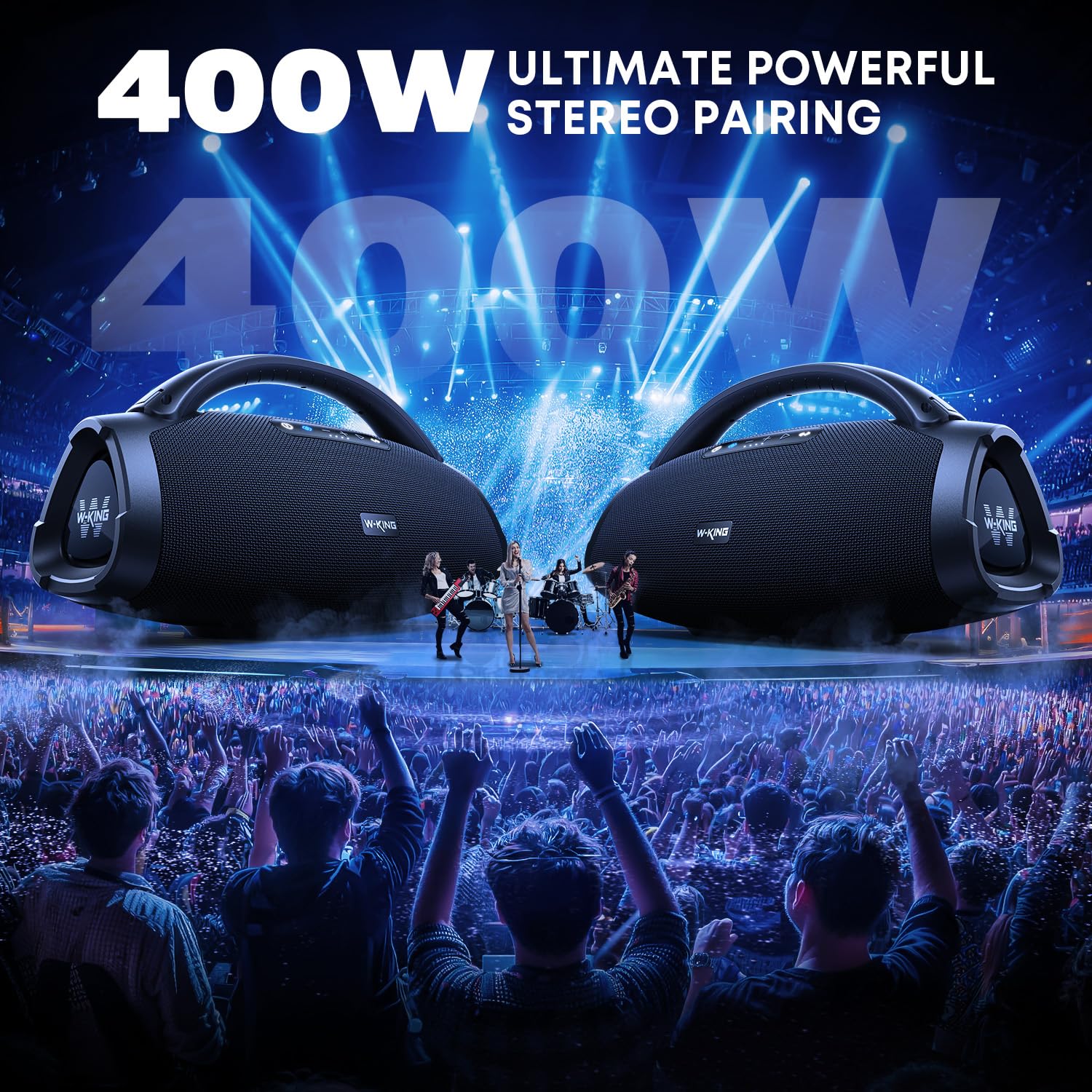 W-KING 330W Peak Bluetooth Lautsprecher Box Groß 200W RMS Tragbarer Lautsprecher Party mit 7.5" Subwoofer/40Hz Monströse Bässe/EQ APP/5-Treiber/2.1-CH/3-Wege/BT 5.4/IPX7/OTG/AUX, Musikbox für Outdoor
